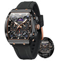 OLEVS Black Watches for Men Luxury Fashion Tonneau Square Large Face Skeleton Mens Watches Rubber Moon Phase Date Waterproof Multifunctional Chronograph Metal Men's Watch Reloj para Hombre