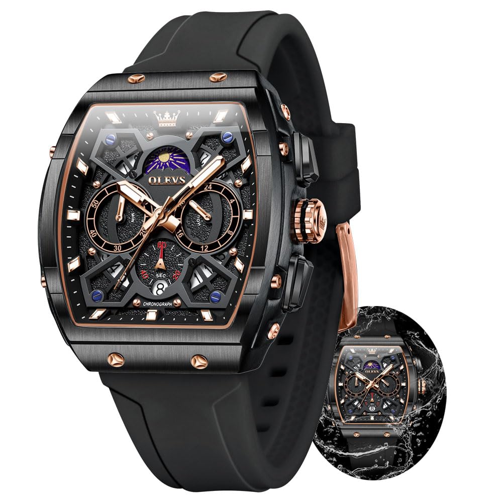 OLEVS Black Watches for Men Luxury Fashion Tonneau Square Large Face Skeleton Mens Watches Rubber Moon Phase Date Waterproof Multifunctional Chronograph Metal Men's Watch Reloj para Hombre