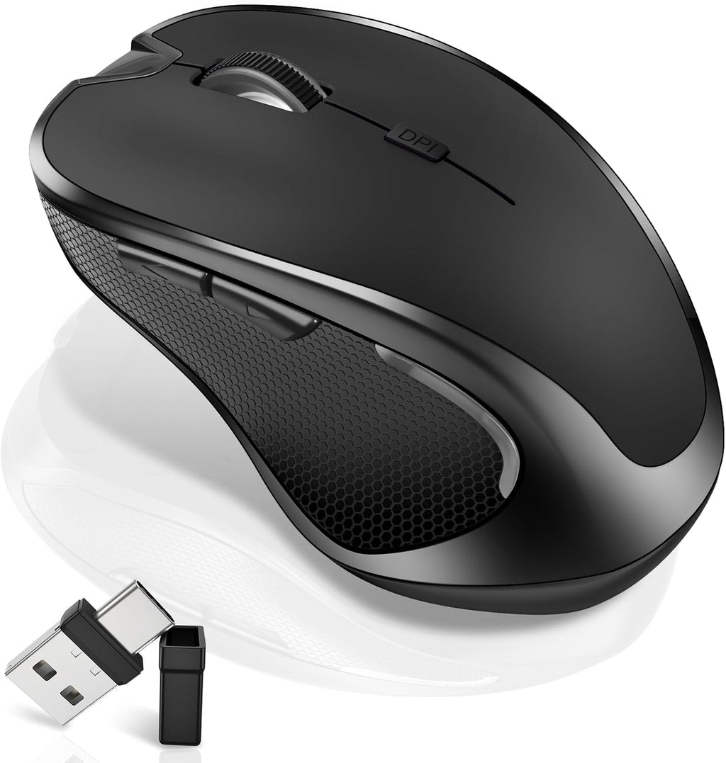 Mouse for MacBook Bluetooth Wireless Mice Laptop Mac Pro iPad with Jiggler | Wireless Bluetooth Rechargeable Silent Optical Mouse Dual Mode Switch Bluetooth 5.2/3.0 and 2.4GHz USB Type-C Receiver Black