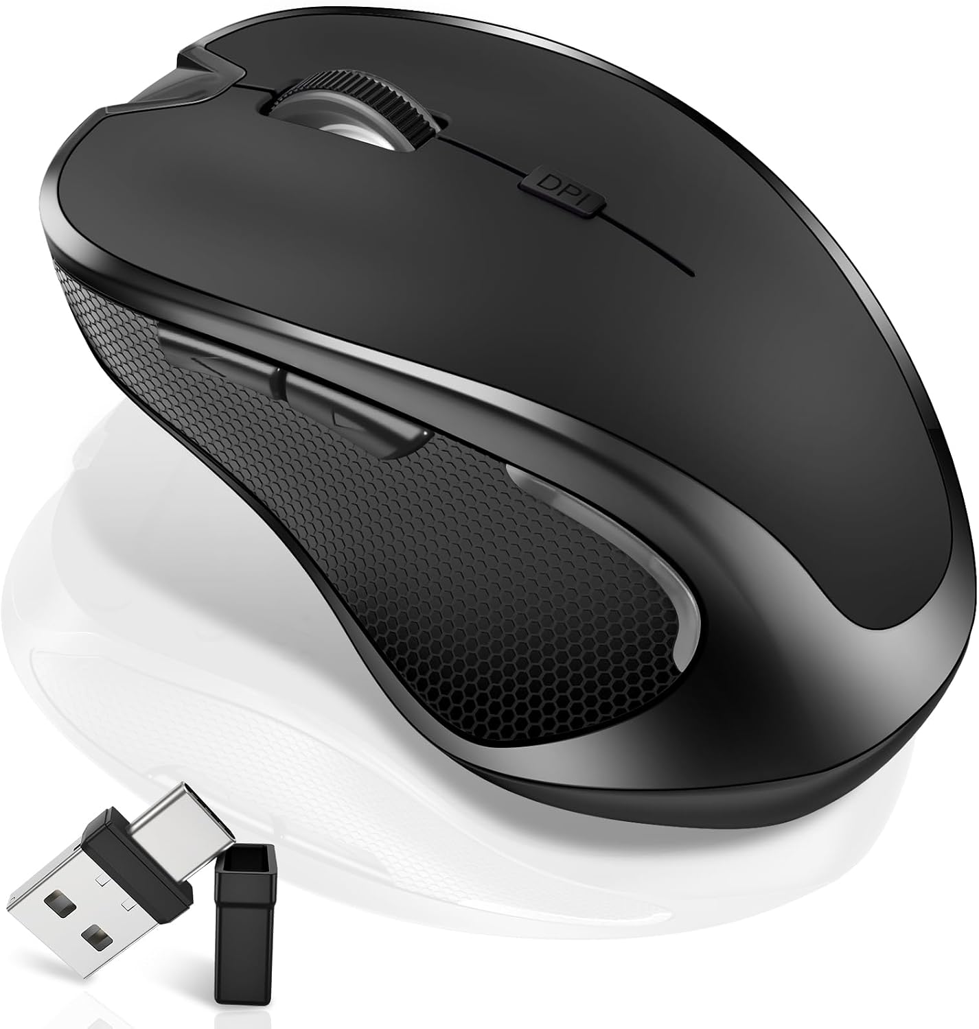 Mouse for MacBook Bluetooth Wireless Mice Laptop Mac Pro iPad with Jiggler | Wireless Bluetooth Rechargeable Silent Optical Mouse Dual Mode Switch Bluetooth 5.2/3.0 and 2.4GHz USB Type-C Receiver Black