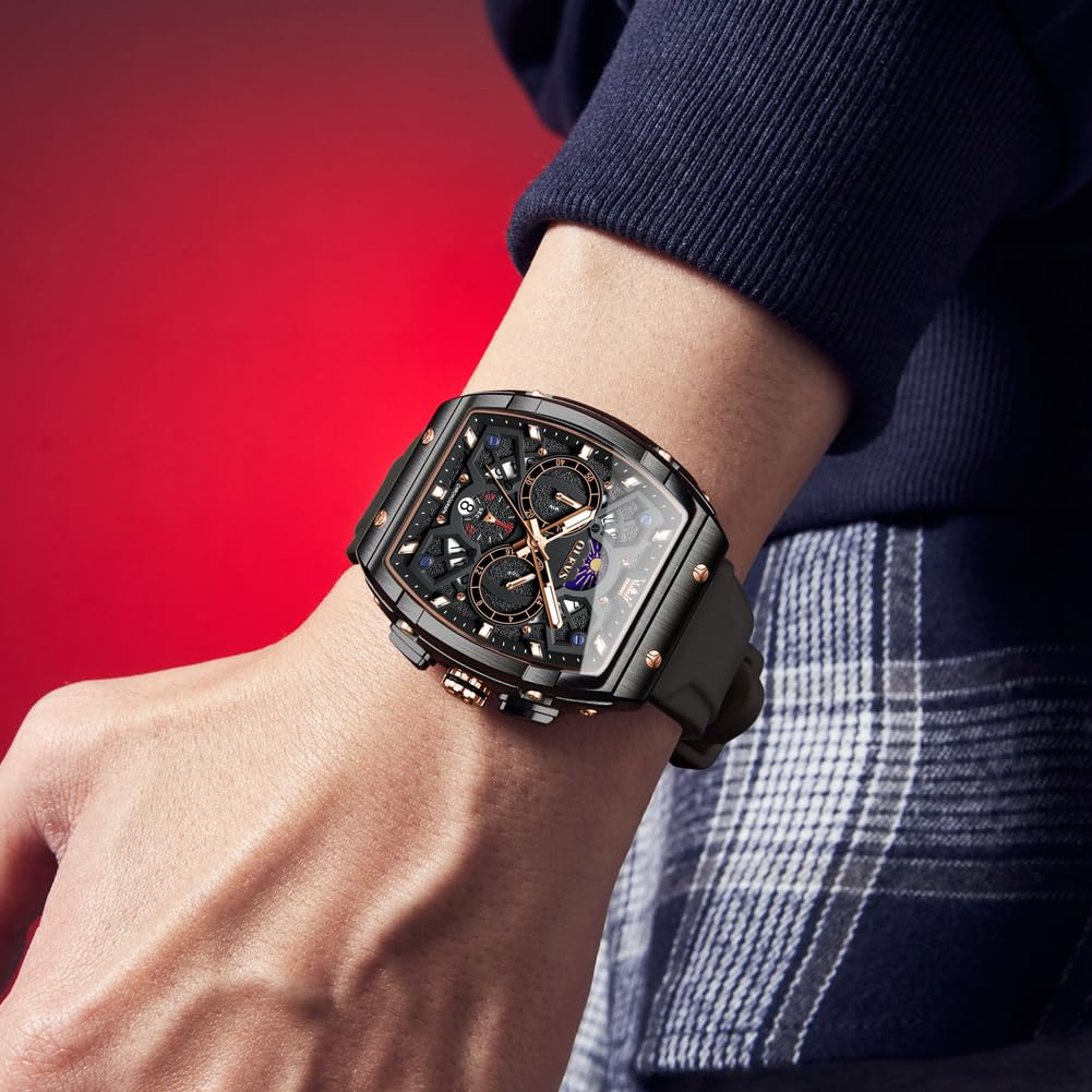 OLEVS Black Watches for Men Luxury Fashion Tonneau Square Large Face Skeleton Mens Watches Rubber Moon Phase Date Waterproof Multifunctional Chronograph Metal Men's Watch Reloj para Hombre