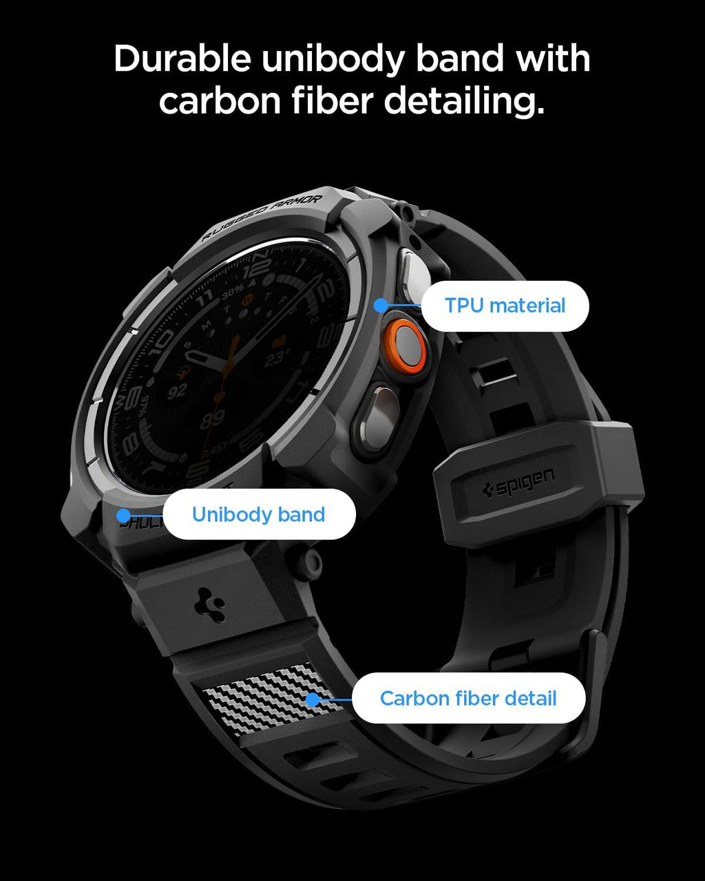 Spigen for Samsung Galaxy Watch Ultra 2 Band with Case (2026) | Rugged Armor Pro Durable Protective Flexible Scratch Resistant Shock Proof TPU Cover Strap - Matte Black