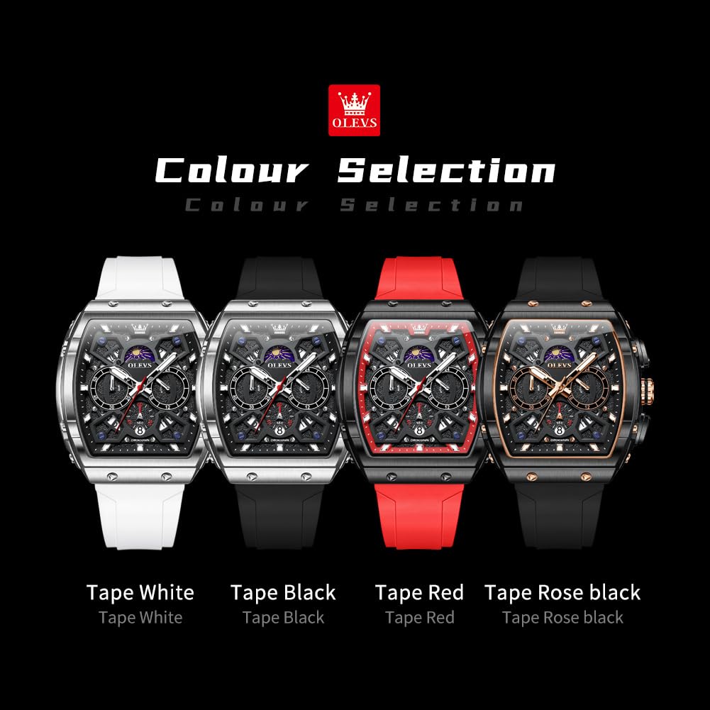 OLEVS Black Watches for Men Luxury Fashion Tonneau Square Large Face Skeleton Mens Watches Rubber Moon Phase Date Waterproof Multifunctional Chronograph Metal Men's Watch Reloj para Hombre