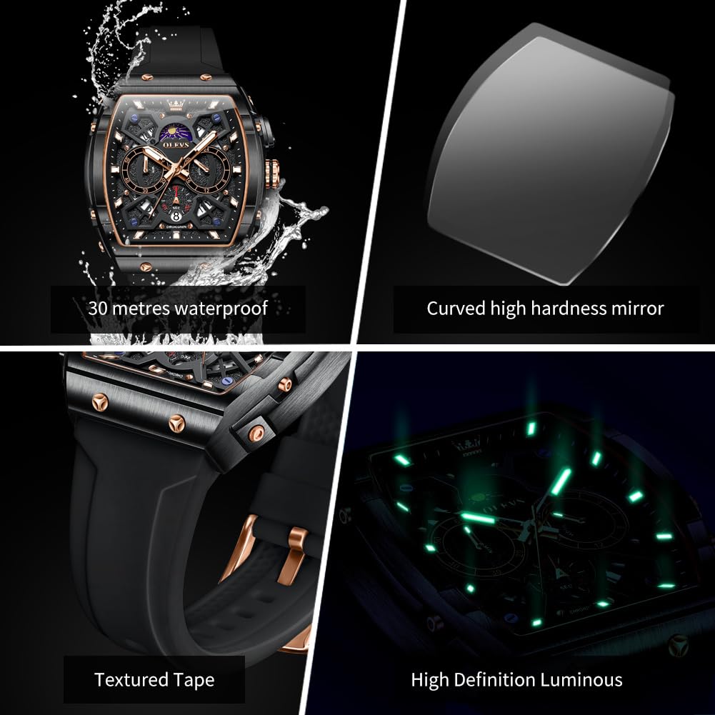 OLEVS Black Watches for Men Luxury Fashion Tonneau Square Large Face Skeleton Mens Watches Rubber Moon Phase Date Waterproof Multifunctional Chronograph Metal Men's Watch Reloj para Hombre