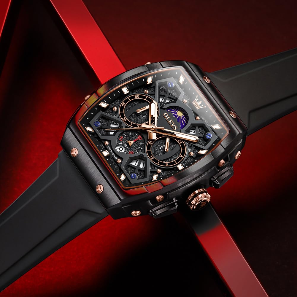 OLEVS Black Watches for Men Luxury Fashion Tonneau Square Large Face Skeleton Mens Watches Rubber Moon Phase Date Waterproof Multifunctional Chronograph Metal Men's Watch Reloj para Hombre