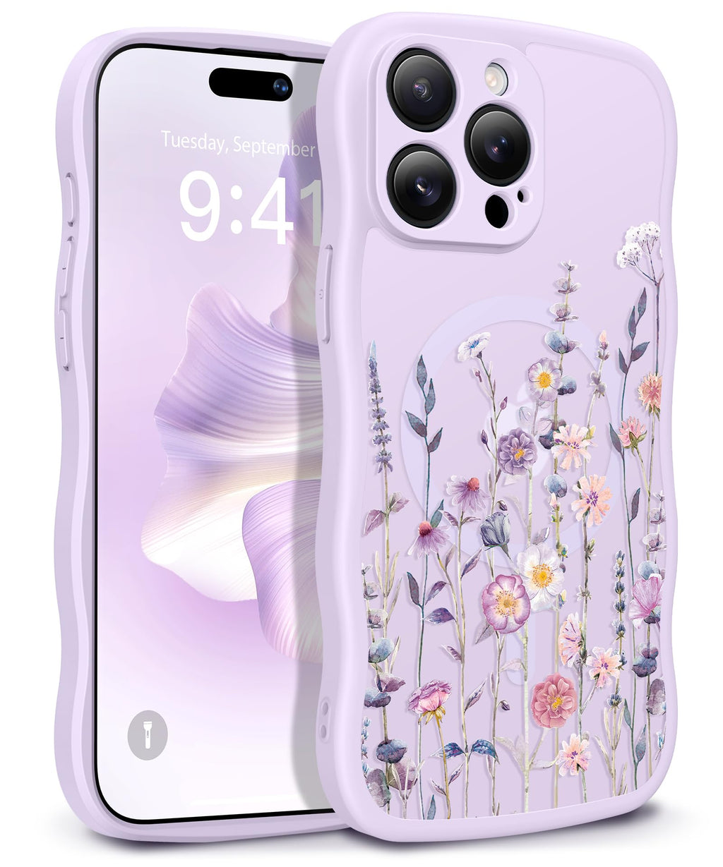 GVIEWIN for iPhone 17 Pro Case Compatible with MagSafe [Curly Wave Edge][Full Camera Protection] Floral Translucent Shockproof Magnetic Women Phone Case for iPhone 17 Pro 6.3'', Floratopia/Brown