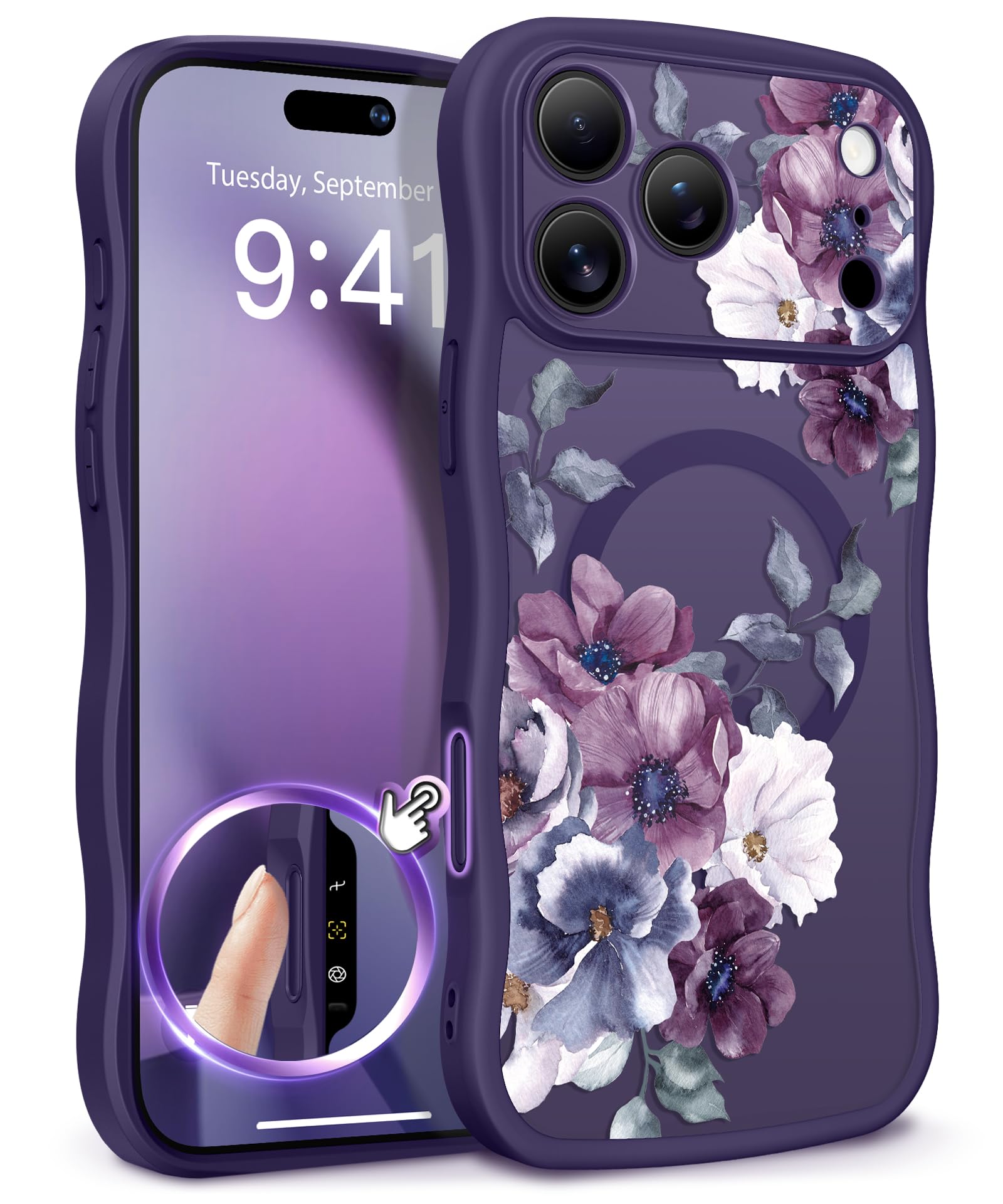GVIEWIN for iPhone 17 Pro Case Compatible with MagSafe [Curly Wave Edge][Full Camera Protection] Floral Translucent Shockproof Magnetic Women Phone Case for iPhone 17 Pro 6.3'', Floratopia/Brown