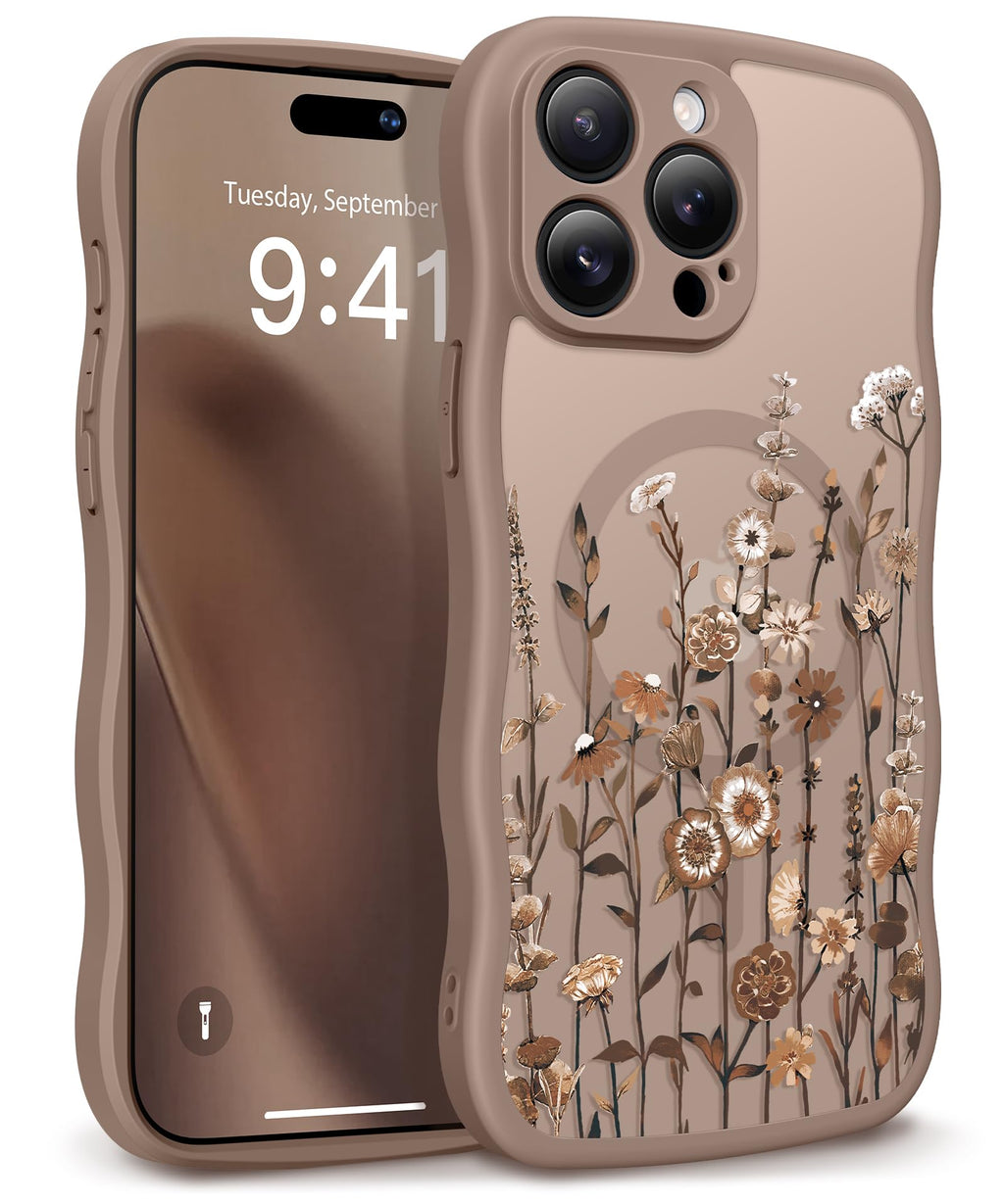 GVIEWIN for iPhone 17 Pro Case Compatible with MagSafe [Curly Wave Edge][Full Camera Protection] Floral Translucent Shockproof Magnetic Women Phone Case for iPhone 17 Pro 6.3'', Floratopia/Brown
