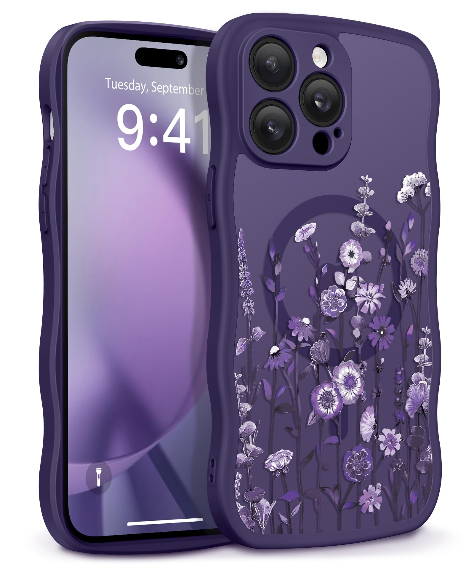 GVIEWIN for iPhone 17 Pro Case Compatible with MagSafe [Curly Wave Edge][Full Camera Protection] Floral Translucent Shockproof Magnetic Women Phone Case for iPhone 17 Pro 6.3'', Floratopia/Brown