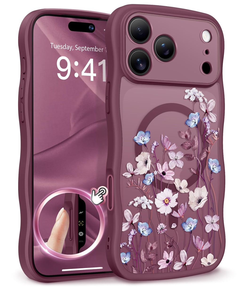GVIEWIN for iPhone 17 Pro Case Compatible with MagSafe [Curly Wave Edge][Full Camera Protection] Floral Translucent Shockproof Magnetic Women Phone Case for iPhone 17 Pro 6.3'', Floratopia/Brown