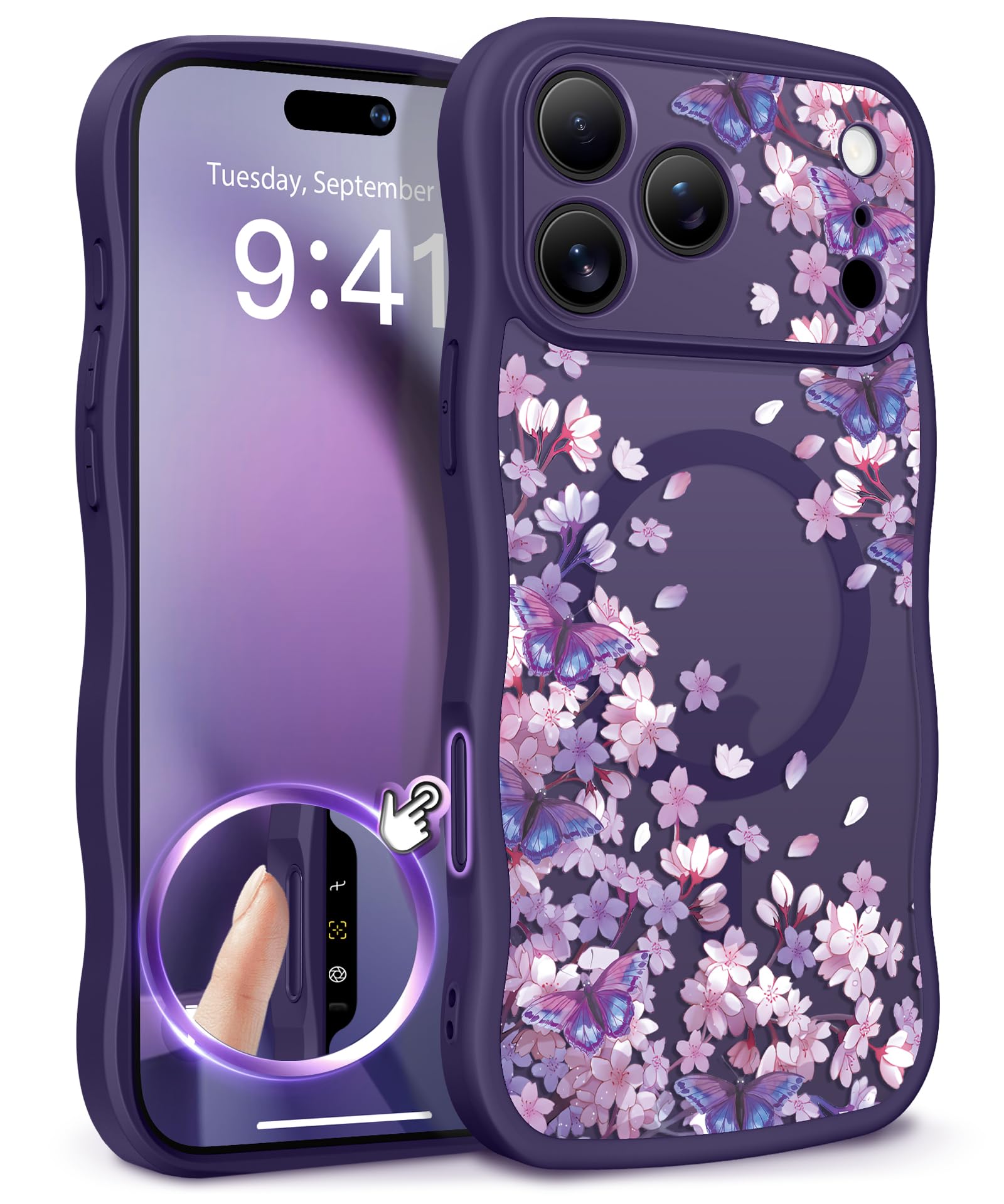 GVIEWIN for iPhone 17 Pro Case Compatible with MagSafe [Curly Wave Edge][Full Camera Protection] Floral Translucent Shockproof Magnetic Women Phone Case for iPhone 17 Pro 6.3'', Floratopia/Brown