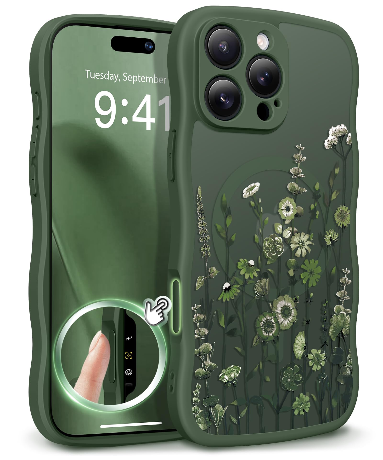 GVIEWIN for iPhone 17 Pro Case Compatible with MagSafe [Curly Wave Edge][Full Camera Protection] Floral Translucent Shockproof Magnetic Women Phone Case for iPhone 17 Pro 6.3'', Floratopia/Brown