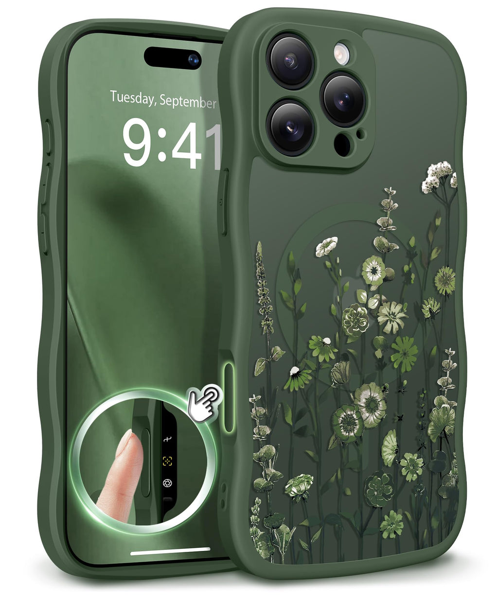 GVIEWIN for iPhone 17 Pro Case Compatible with MagSafe [Curly Wave Edge][Full Camera Protection] Floral Translucent Shockproof Magnetic Women Phone Case for iPhone 17 Pro 6.3'', Floratopia/Brown