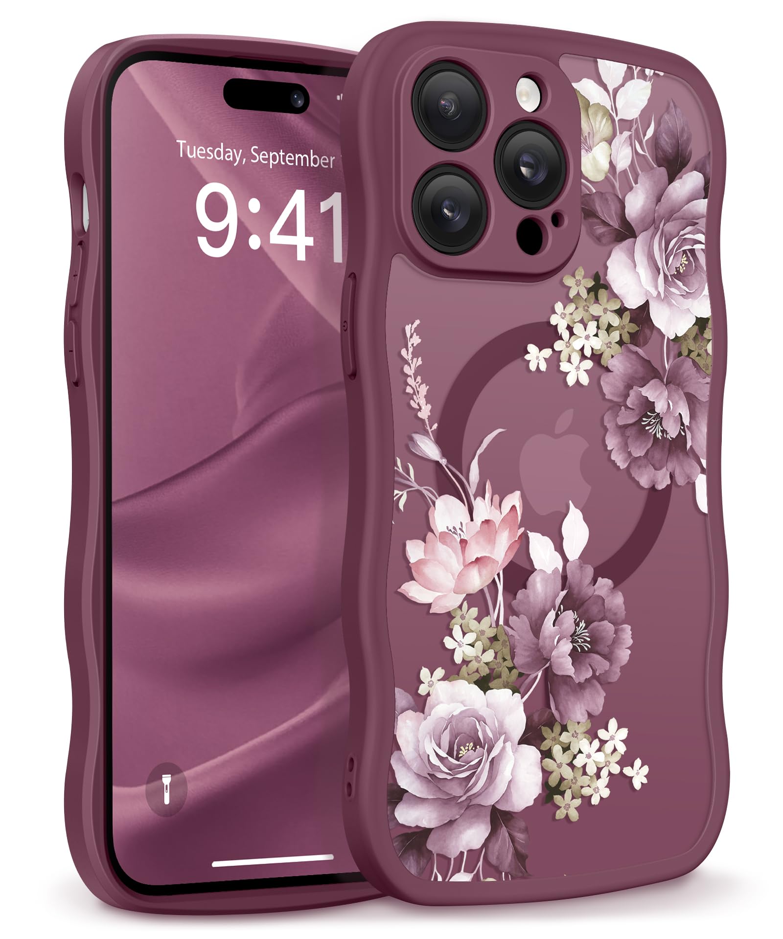 GVIEWIN for iPhone 17 Pro Case Compatible with MagSafe [Curly Wave Edge][Full Camera Protection] Floral Translucent Shockproof Magnetic Women Phone Case for iPhone 17 Pro 6.3'', Floratopia/Brown