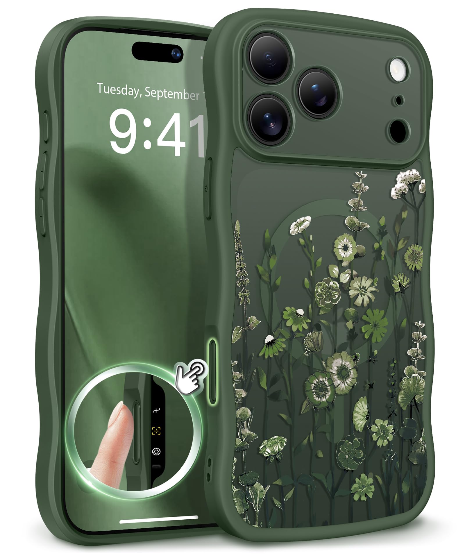 GVIEWIN for iPhone 17 Pro Case Compatible with MagSafe [Curly Wave Edge][Full Camera Protection] Floral Translucent Shockproof Magnetic Women Phone Case for iPhone 17 Pro 6.3'', Floratopia/Brown