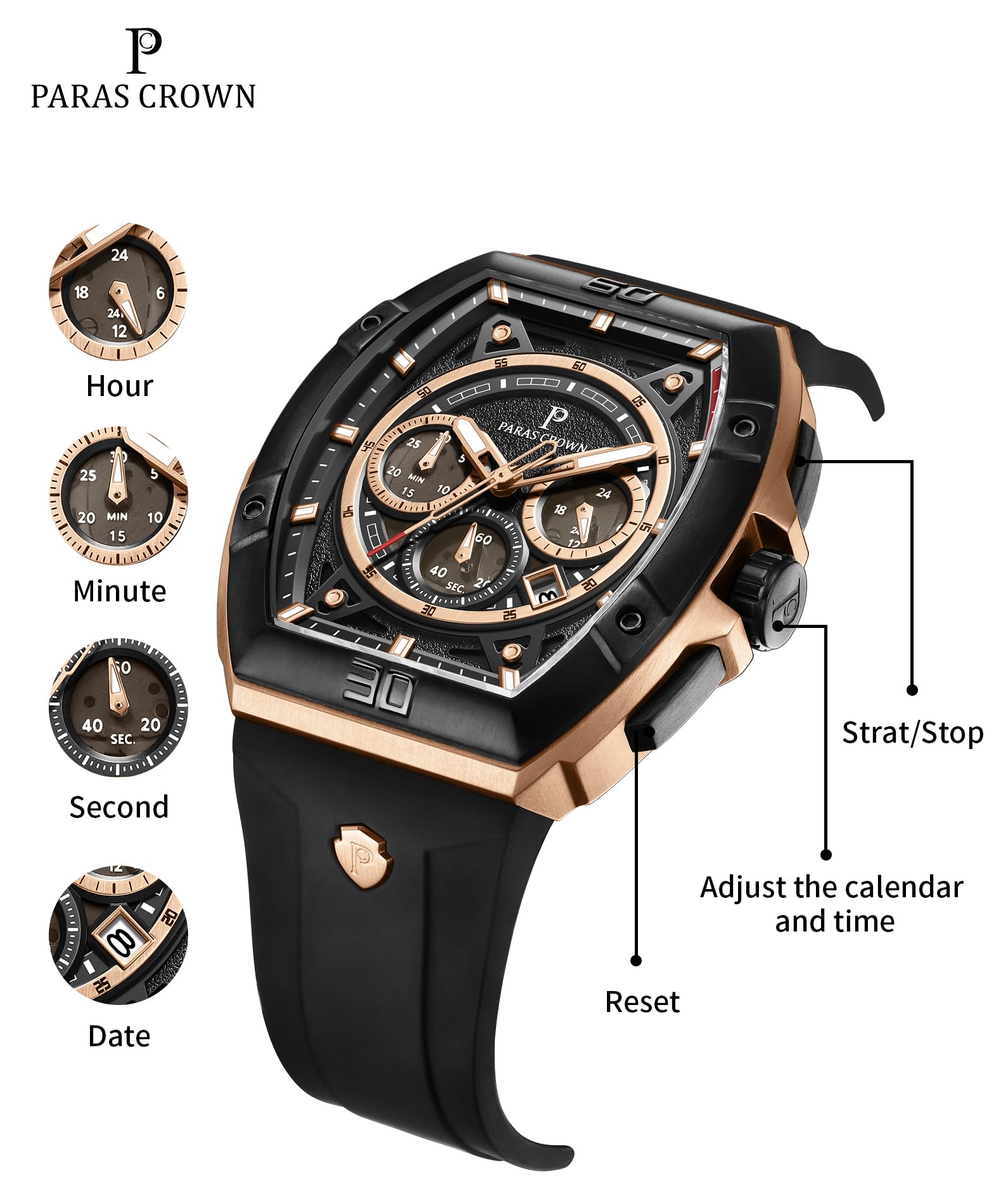 Paras Crown Watches for Men Tonneau 5ATM Waterproof Quartz Luxury Chronograph Analog Men's Wrist Watches Stainless Steel Case Mens Watches