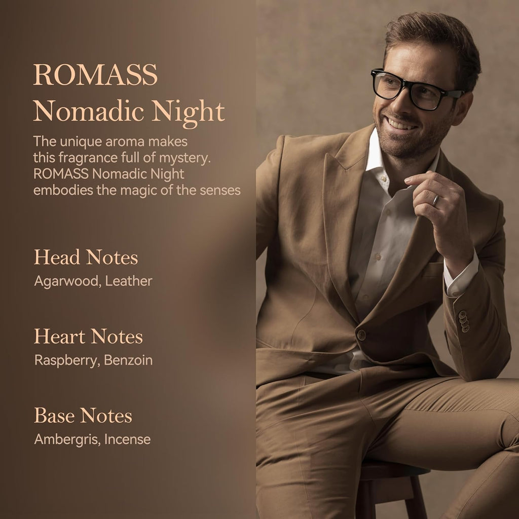 ROMASS Nomadic Night Long Lasting Unisex Oud Perfume - 3.4oz/100ml Eau de Parfum, Warm Woody Scent with Smoked Oud, Desert Sage, Rose & Raspberry, Gift for Men Women