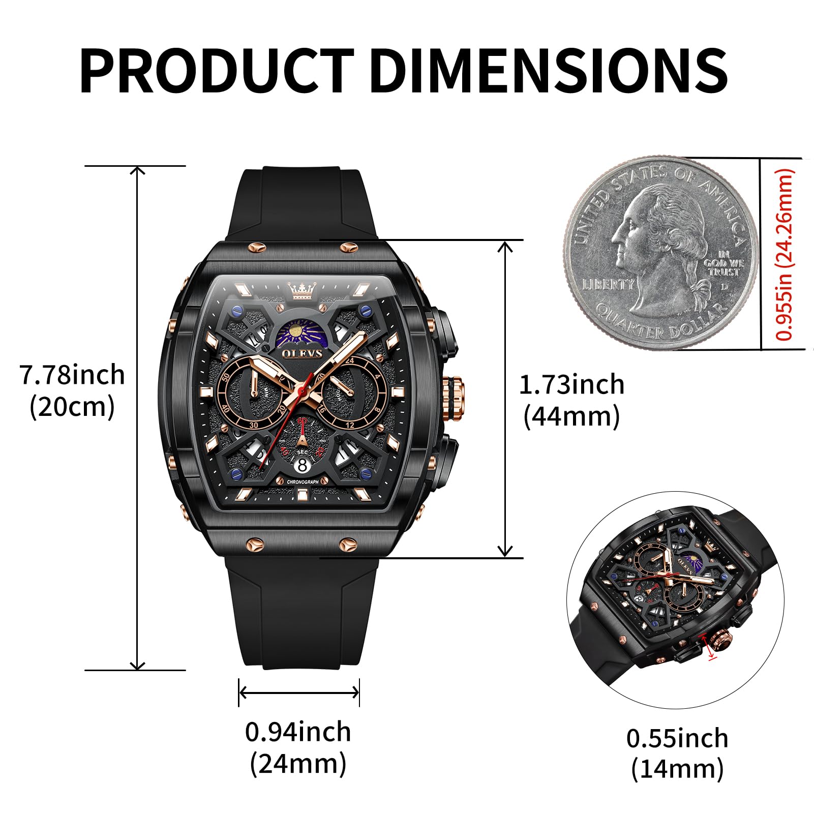 OLEVS Black Watches for Men Luxury Fashion Tonneau Square Large Face Skeleton Mens Watches Rubber Moon Phase Date Waterproof Multifunctional Chronograph Metal Men's Watch Reloj para Hombre