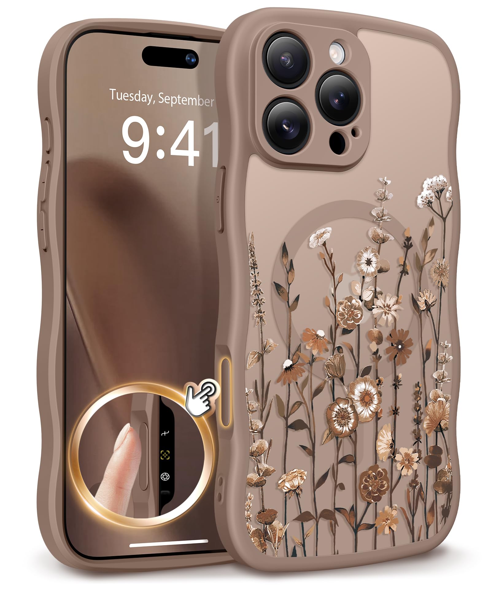 GVIEWIN for iPhone 17 Pro Case Compatible with MagSafe [Curly Wave Edge][Full Camera Protection] Floral Translucent Shockproof Magnetic Women Phone Case for iPhone 17 Pro 6.3'', Floratopia/Brown