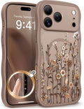 GVIEWIN for iPhone 17 Pro Case Compatible with MagSafe [Curly Wave Edge][Full Camera Protection] Floral Translucent Shockproof Magnetic Women Phone Case for iPhone 17 Pro 6.3'', Floratopia/Brown