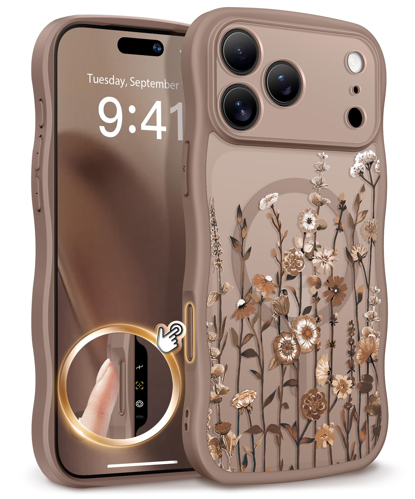 GVIEWIN for iPhone 17 Pro Case Compatible with MagSafe [Curly Wave Edge][Full Camera Protection] Floral Translucent Shockproof Magnetic Women Phone Case for iPhone 17 Pro 6.3'', Floratopia/Brown