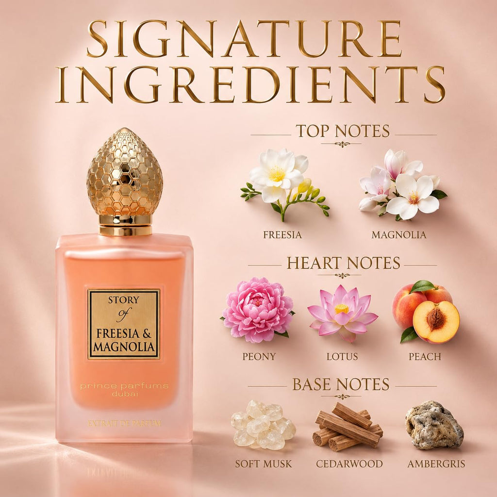 Prince Parfums Dubai - Story of Freesia Magnolia For Women - 3.4 Ounces - Extrait de Parfum - Delicate Bouquet of Freesia, Magnolia - Essence of Femininity & Beauty