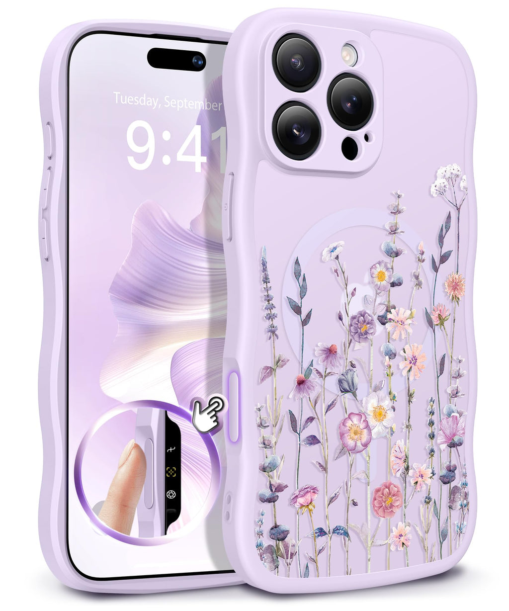 GVIEWIN for iPhone 17 Pro Case Compatible with MagSafe [Curly Wave Edge][Full Camera Protection] Floral Translucent Shockproof Magnetic Women Phone Case for iPhone 17 Pro 6.3'', Floratopia/Brown