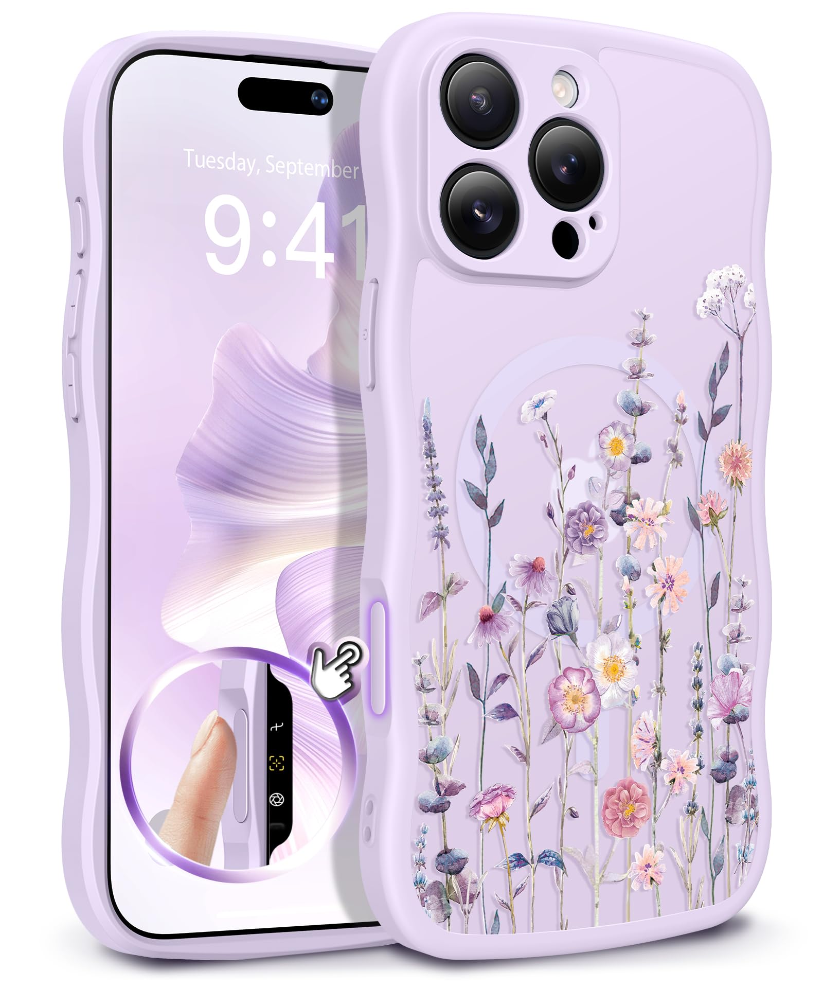 GVIEWIN for iPhone 17 Pro Case Compatible with MagSafe [Curly Wave Edge][Full Camera Protection] Floral Translucent Shockproof Magnetic Women Phone Case for iPhone 17 Pro 6.3'', Floratopia/Brown