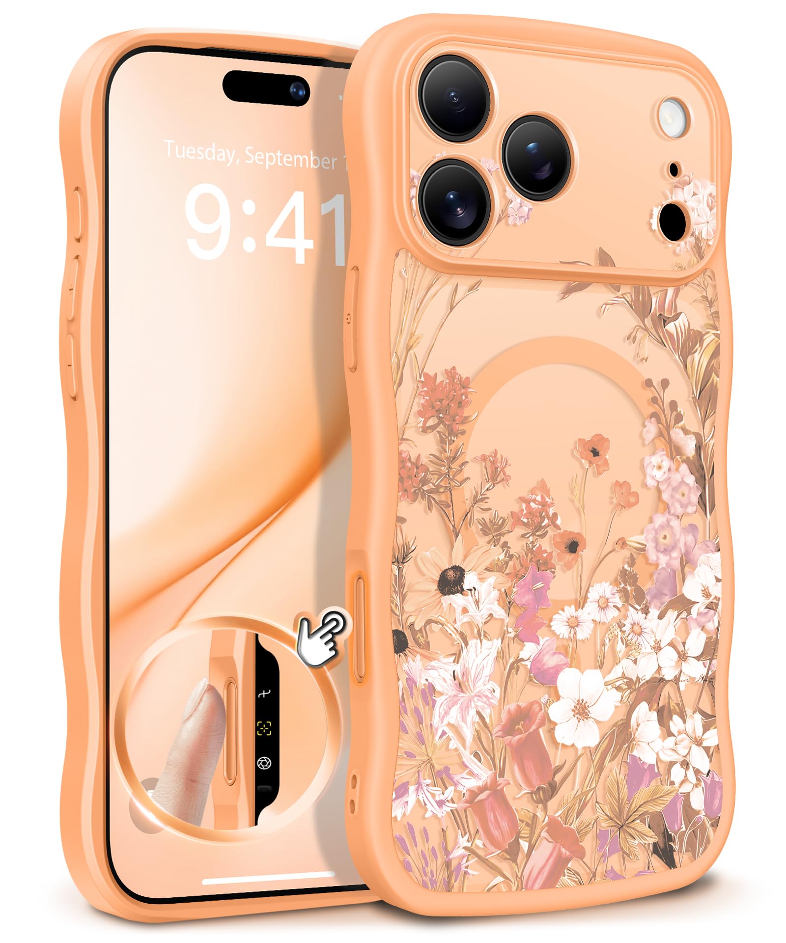 GVIEWIN for iPhone 17 Pro Case Compatible with MagSafe [Curly Wave Edge][Full Camera Protection] Floral Translucent Shockproof Magnetic Women Phone Case for iPhone 17 Pro 6.3'', Floratopia/Brown
