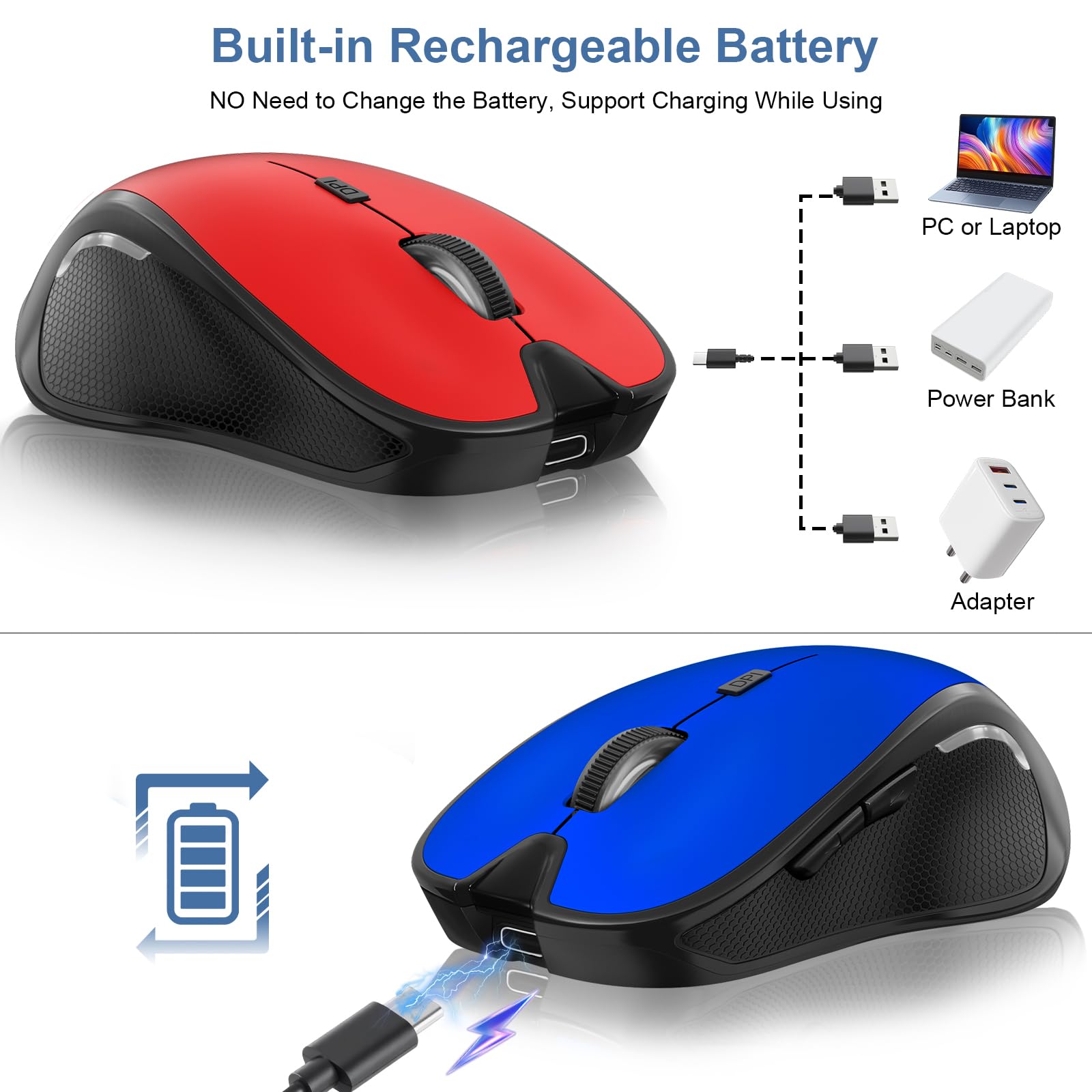 Mouse for MacBook Bluetooth Wireless Mice Laptop Mac Pro iPad with Jiggler | Wireless Bluetooth Rechargeable Silent Optical Mouse Dual Mode Switch Bluetooth 5.2/3.0 and 2.4GHz USB Type-C Receiver Black