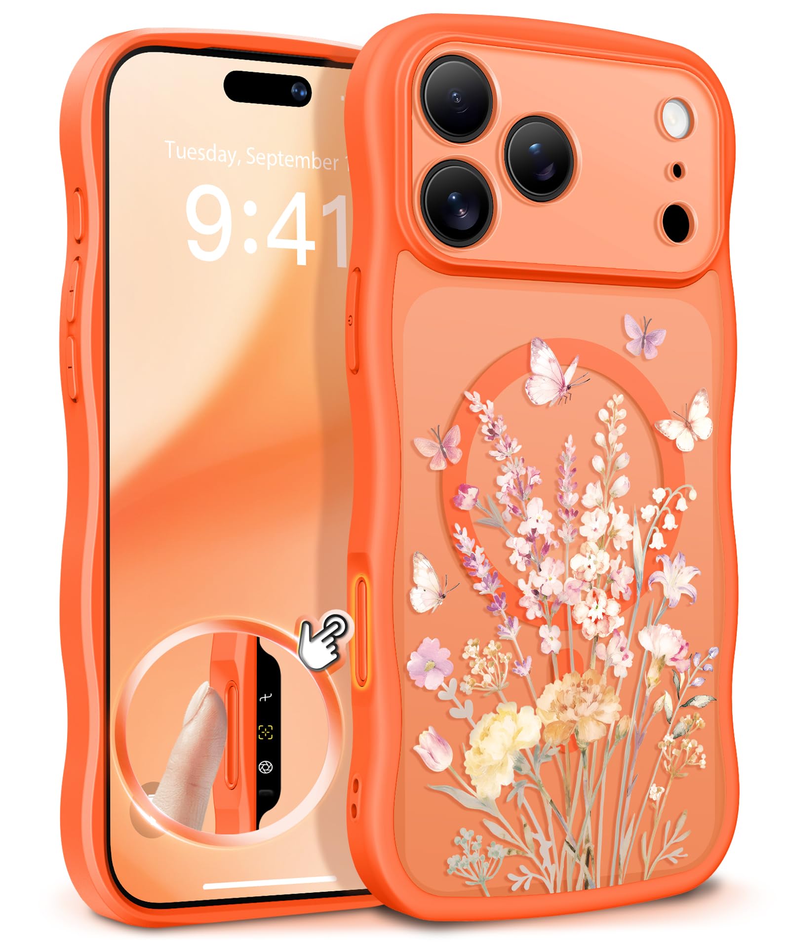 GVIEWIN for iPhone 17 Pro Case Compatible with MagSafe [Curly Wave Edge][Full Camera Protection] Floral Translucent Shockproof Magnetic Women Phone Case for iPhone 17 Pro 6.3'', Floratopia/Brown