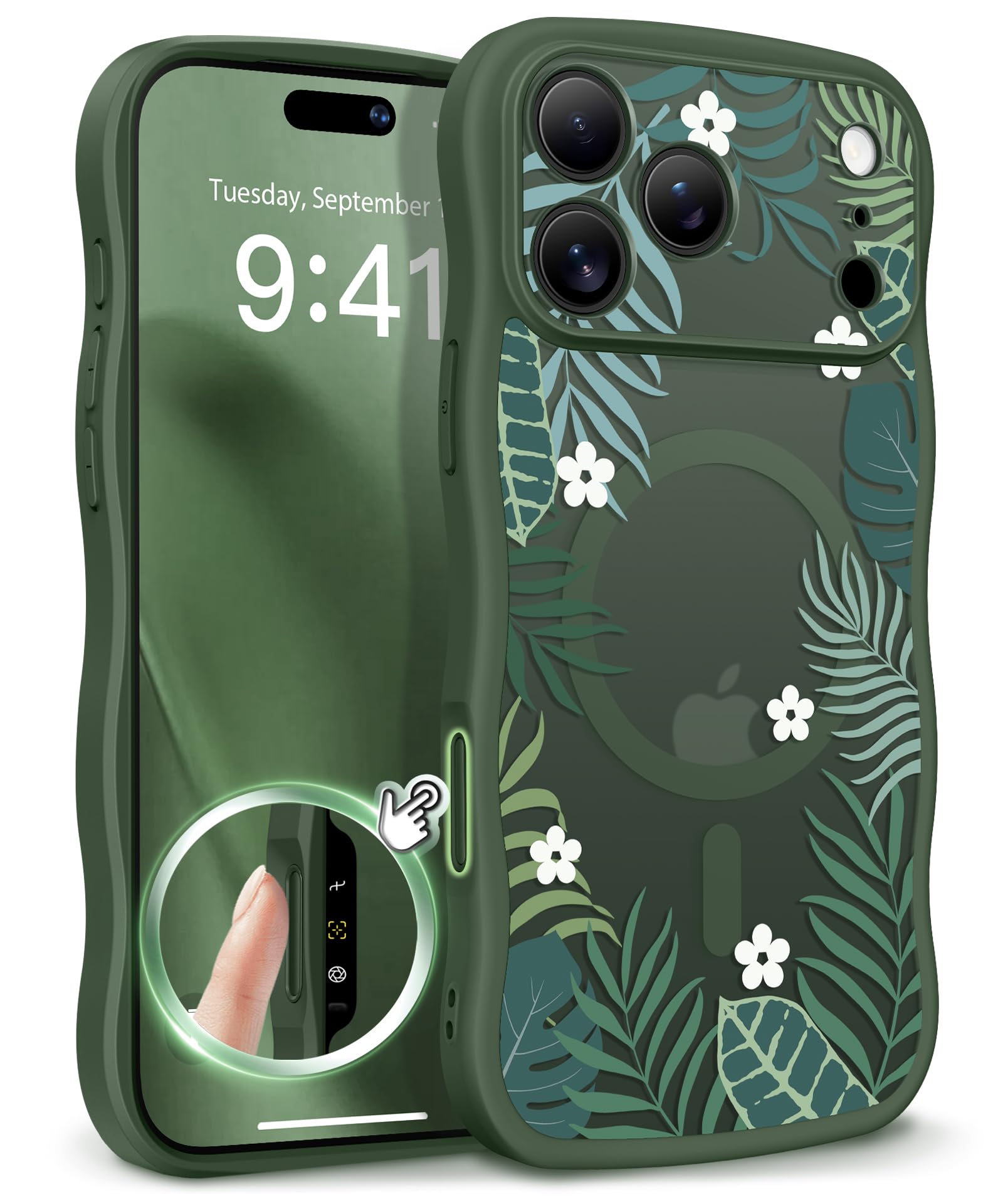 GVIEWIN for iPhone 17 Pro Case Compatible with MagSafe [Curly Wave Edge][Full Camera Protection] Floral Translucent Shockproof Magnetic Women Phone Case for iPhone 17 Pro 6.3'', Floratopia/Brown