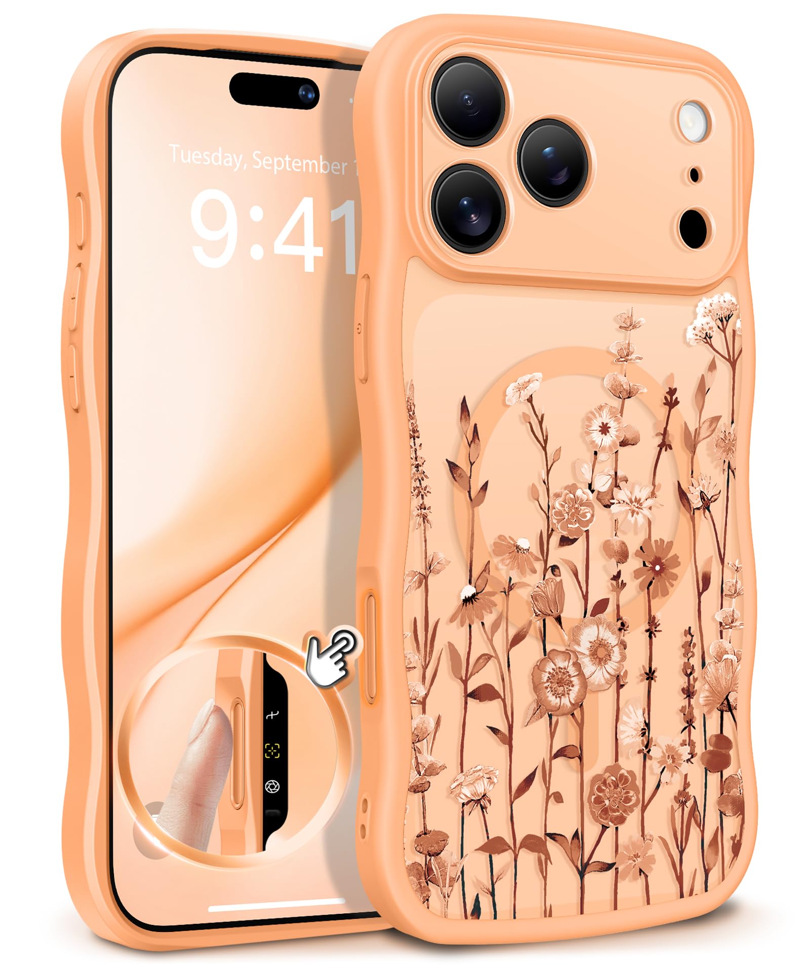 GVIEWIN for iPhone 17 Pro Case Compatible with MagSafe [Curly Wave Edge][Full Camera Protection] Floral Translucent Shockproof Magnetic Women Phone Case for iPhone 17 Pro 6.3'', Floratopia/Brown