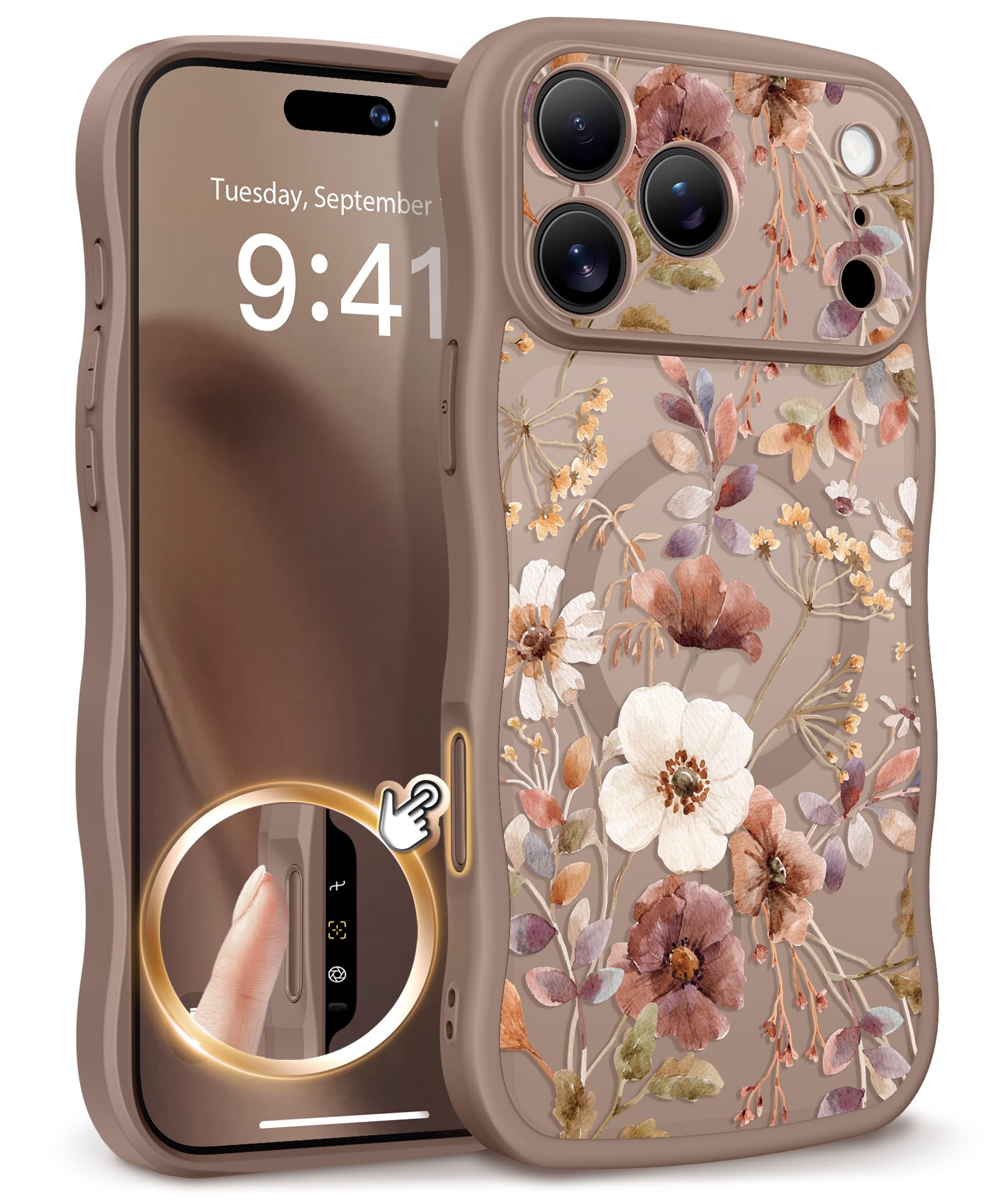 GVIEWIN for iPhone 17 Pro Case Compatible with MagSafe [Curly Wave Edge][Full Camera Protection] Floral Translucent Shockproof Magnetic Women Phone Case for iPhone 17 Pro 6.3'', Floratopia/Brown