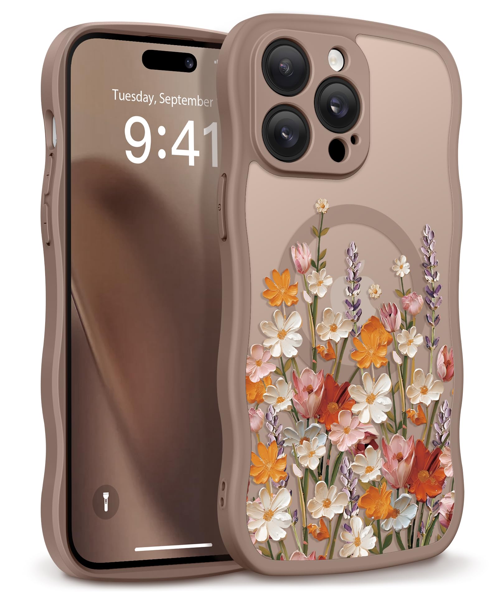 GVIEWIN for iPhone 17 Pro Case Compatible with MagSafe [Curly Wave Edge][Full Camera Protection] Floral Translucent Shockproof Magnetic Women Phone Case for iPhone 17 Pro 6.3'', Floratopia/Brown