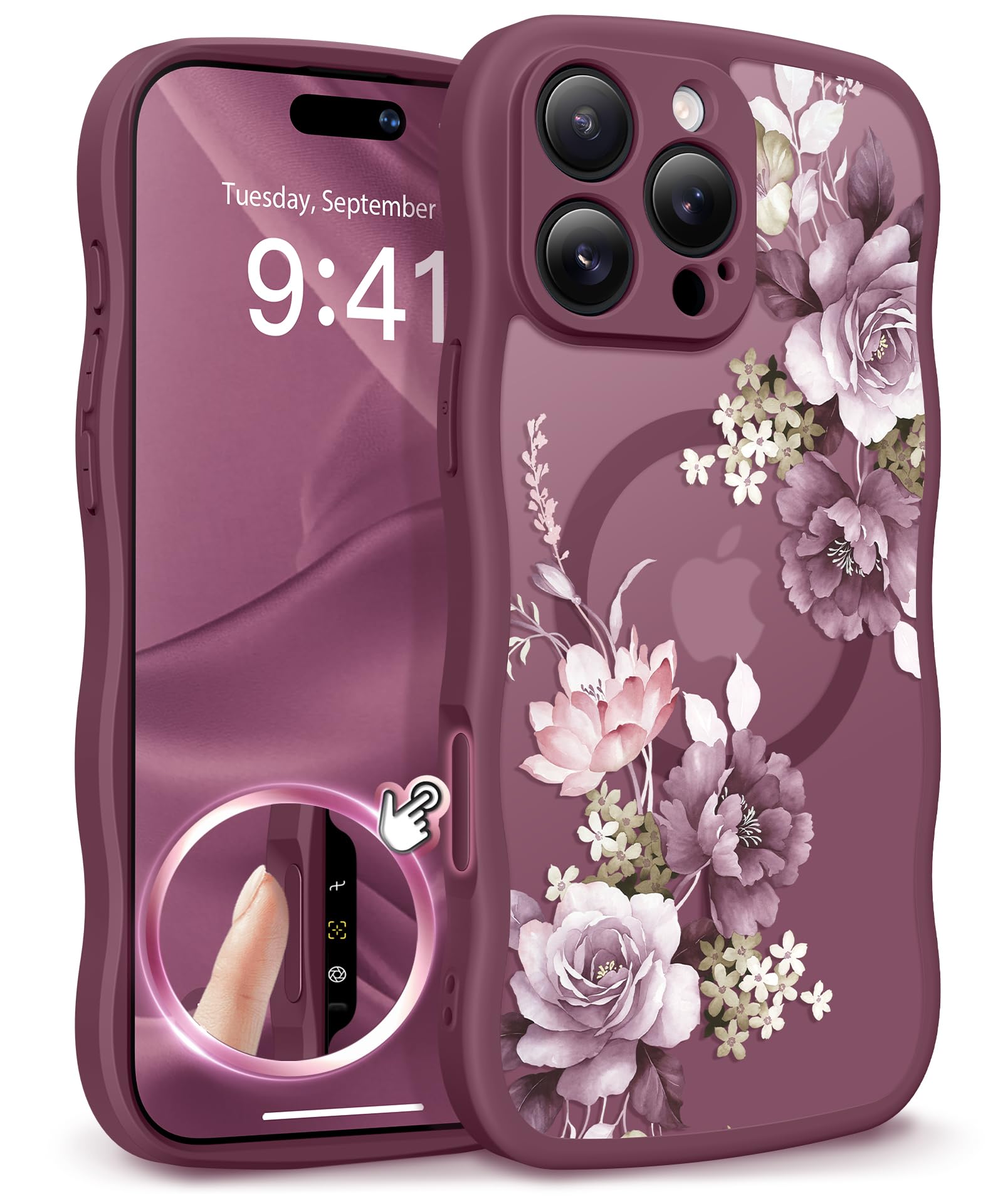 GVIEWIN for iPhone 17 Pro Case Compatible with MagSafe [Curly Wave Edge][Full Camera Protection] Floral Translucent Shockproof Magnetic Women Phone Case for iPhone 17 Pro 6.3'', Floratopia/Brown