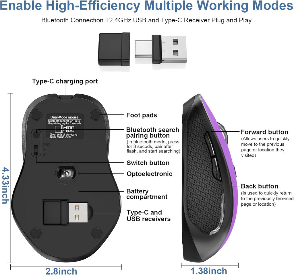 Mouse for MacBook Bluetooth Wireless Mice Laptop Mac Pro iPad with Jiggler | Wireless Bluetooth Rechargeable Silent Optical Mouse Dual Mode Switch Bluetooth 5.2/3.0 and 2.4GHz USB Type-C Receiver Black