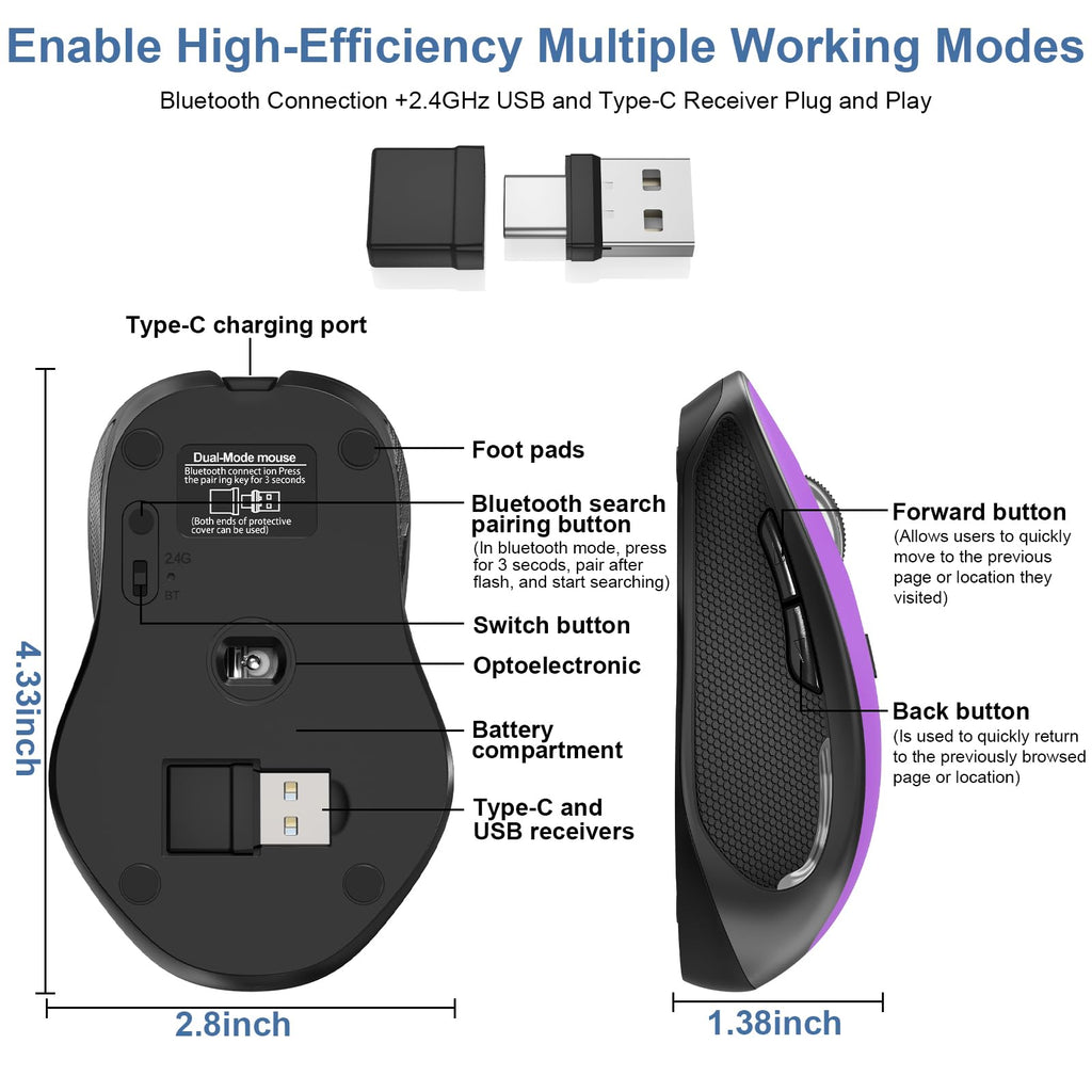 Mouse for MacBook Bluetooth Wireless Mice Laptop Mac Pro iPad with Jiggler | Wireless Bluetooth Rechargeable Silent Optical Mouse Dual Mode Switch Bluetooth 5.2/3.0 and 2.4GHz USB Type-C Receiver Black