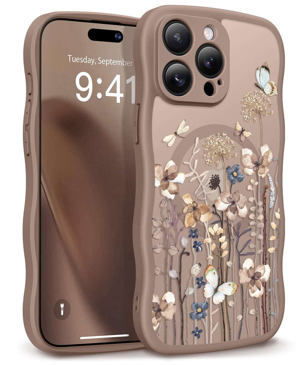GVIEWIN for iPhone 17 Pro Case Compatible with MagSafe [Curly Wave Edge][Full Camera Protection] Floral Translucent Shockproof Magnetic Women Phone Case for iPhone 17 Pro 6.3'', Floratopia/Brown