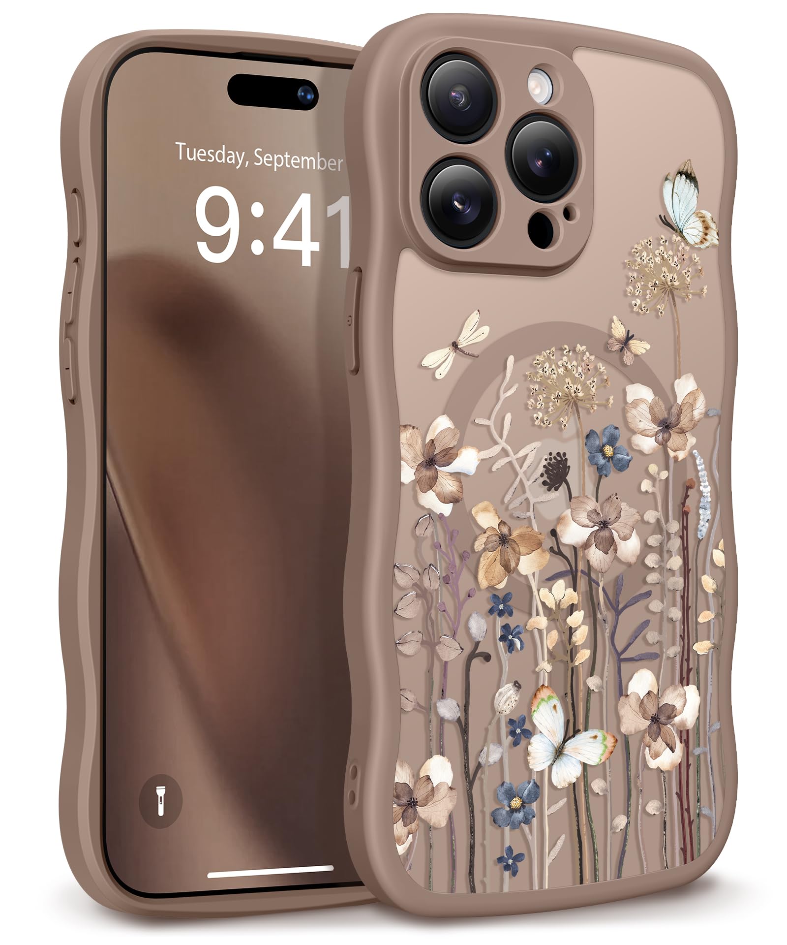 GVIEWIN for iPhone 17 Pro Case Compatible with MagSafe [Curly Wave Edge][Full Camera Protection] Floral Translucent Shockproof Magnetic Women Phone Case for iPhone 17 Pro 6.3'', Floratopia/Brown