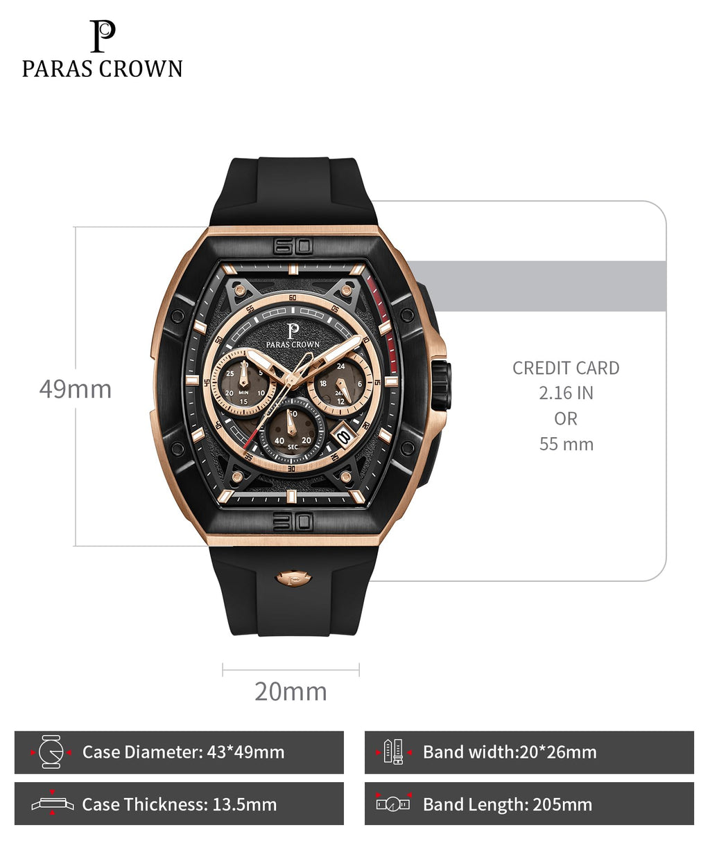 Paras Crown Watches for Men Tonneau 5ATM Waterproof Quartz Luxury Chronograph Analog Men's Wrist Watches Stainless Steel Case Mens Watches