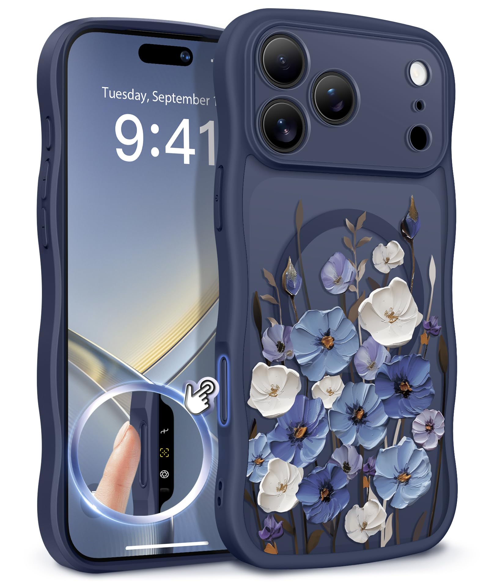 GVIEWIN for iPhone 17 Pro Case Compatible with MagSafe [Curly Wave Edge][Full Camera Protection] Floral Translucent Shockproof Magnetic Women Phone Case for iPhone 17 Pro 6.3'', Floratopia/Brown