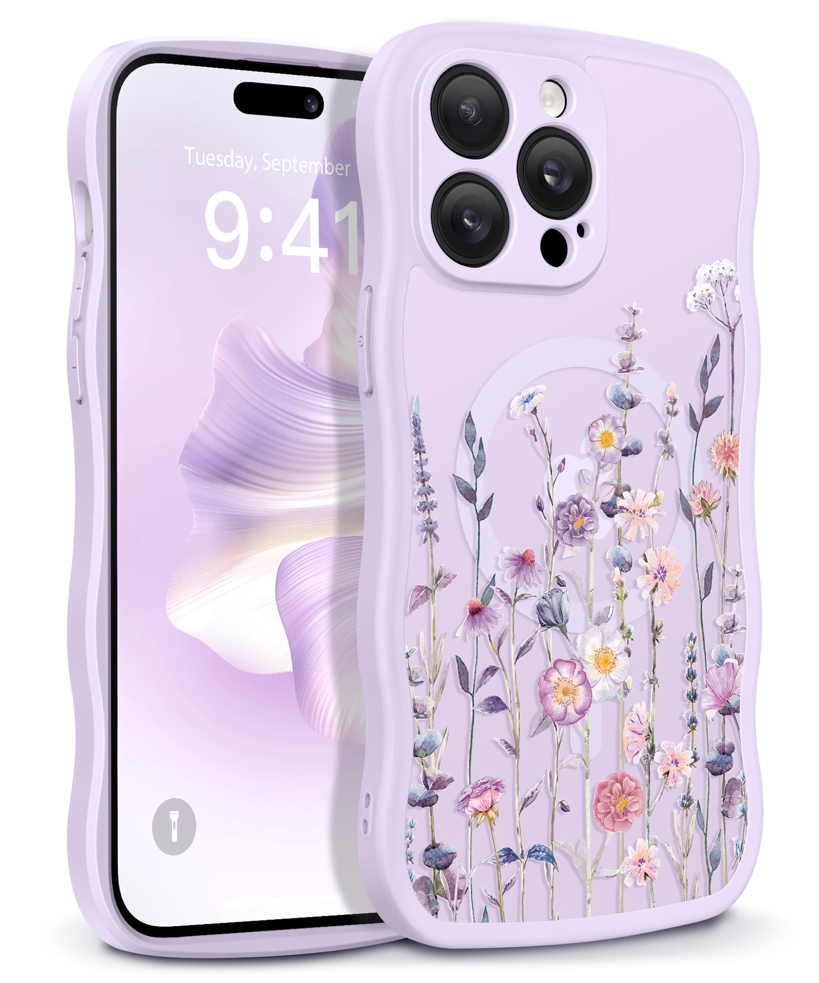 GVIEWIN for iPhone 17 Pro Case Compatible with MagSafe [Curly Wave Edge][Full Camera Protection] Floral Translucent Shockproof Magnetic Women Phone Case for iPhone 17 Pro 6.3'', Floratopia/Brown