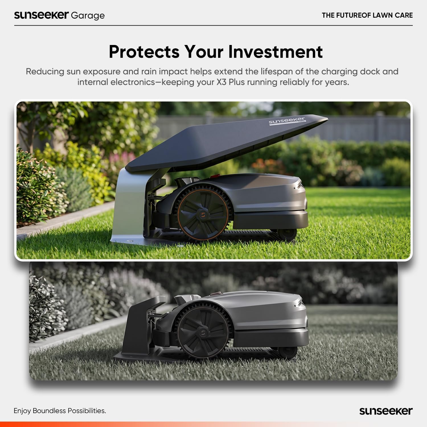 Sunseeker X7 AWD Robot Lawn Mower, RTK, Vision AI, 0.75 Acre, Wire-Free | Flagship AWD mowing for homeowners with large, challenging yards, steep slopes and uneven terrain.