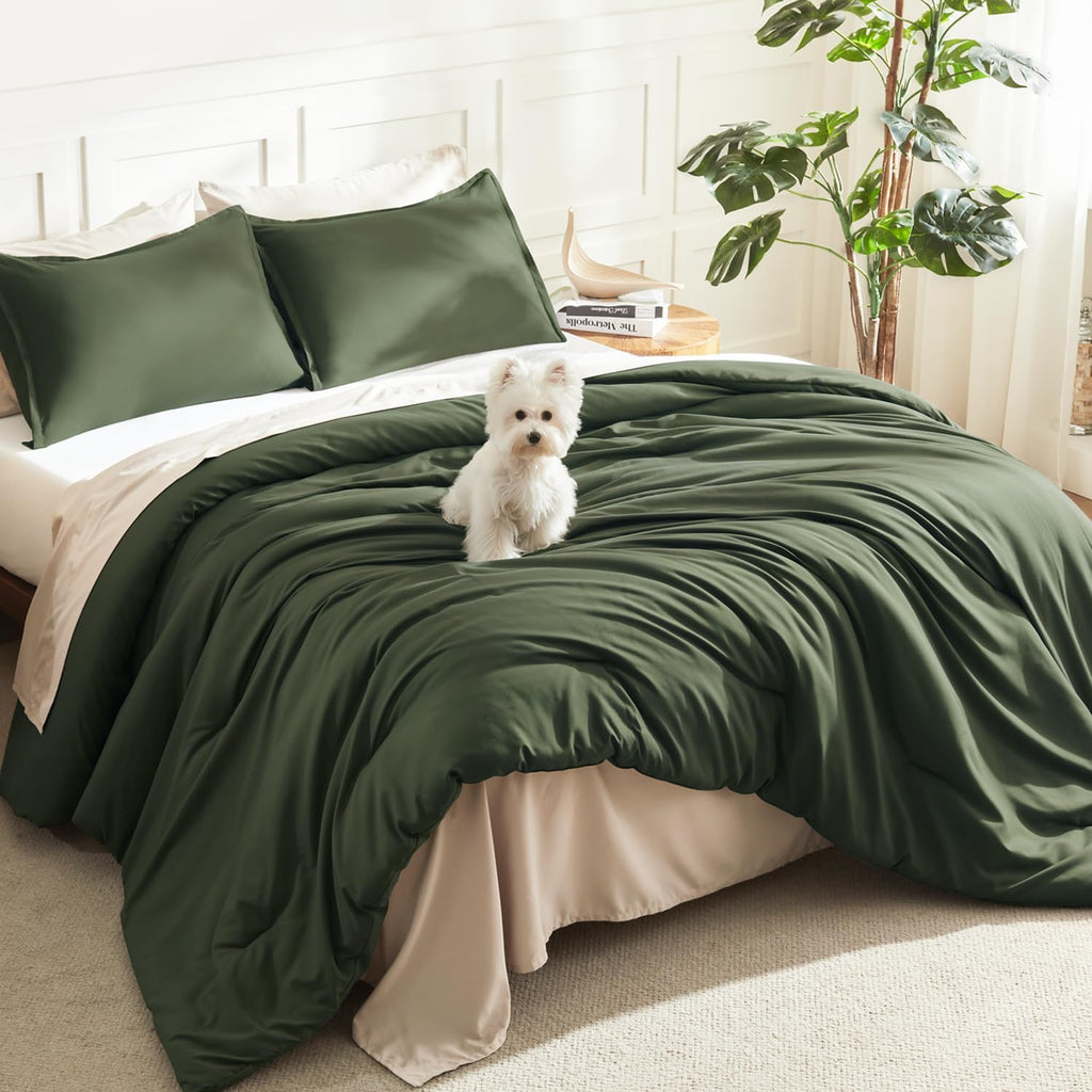 Litanika Queen Comforter Set Sage Green, 3 Pieces Lightweight Solid Bed Set | Soft Fluffy Down Alternative All Season Quilt Blanket