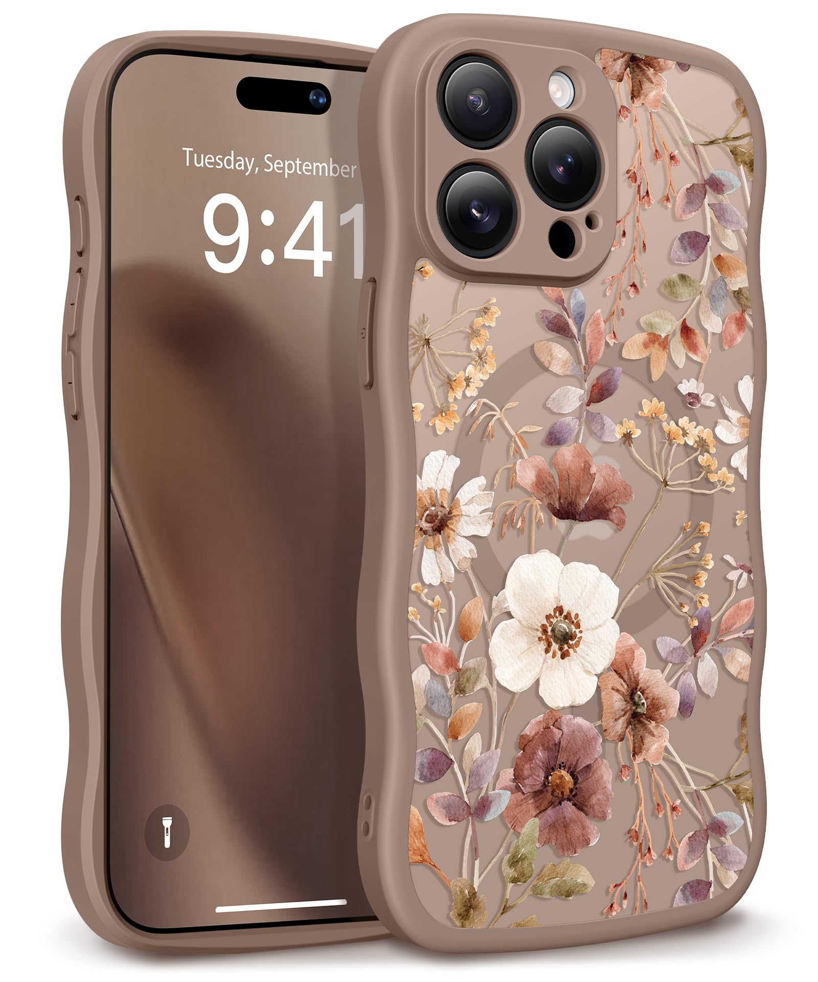 GVIEWIN for iPhone 17 Pro Case Compatible with MagSafe [Curly Wave Edge][Full Camera Protection] Floral Translucent Shockproof Magnetic Women Phone Case for iPhone 17 Pro 6.3'', Floratopia/Brown