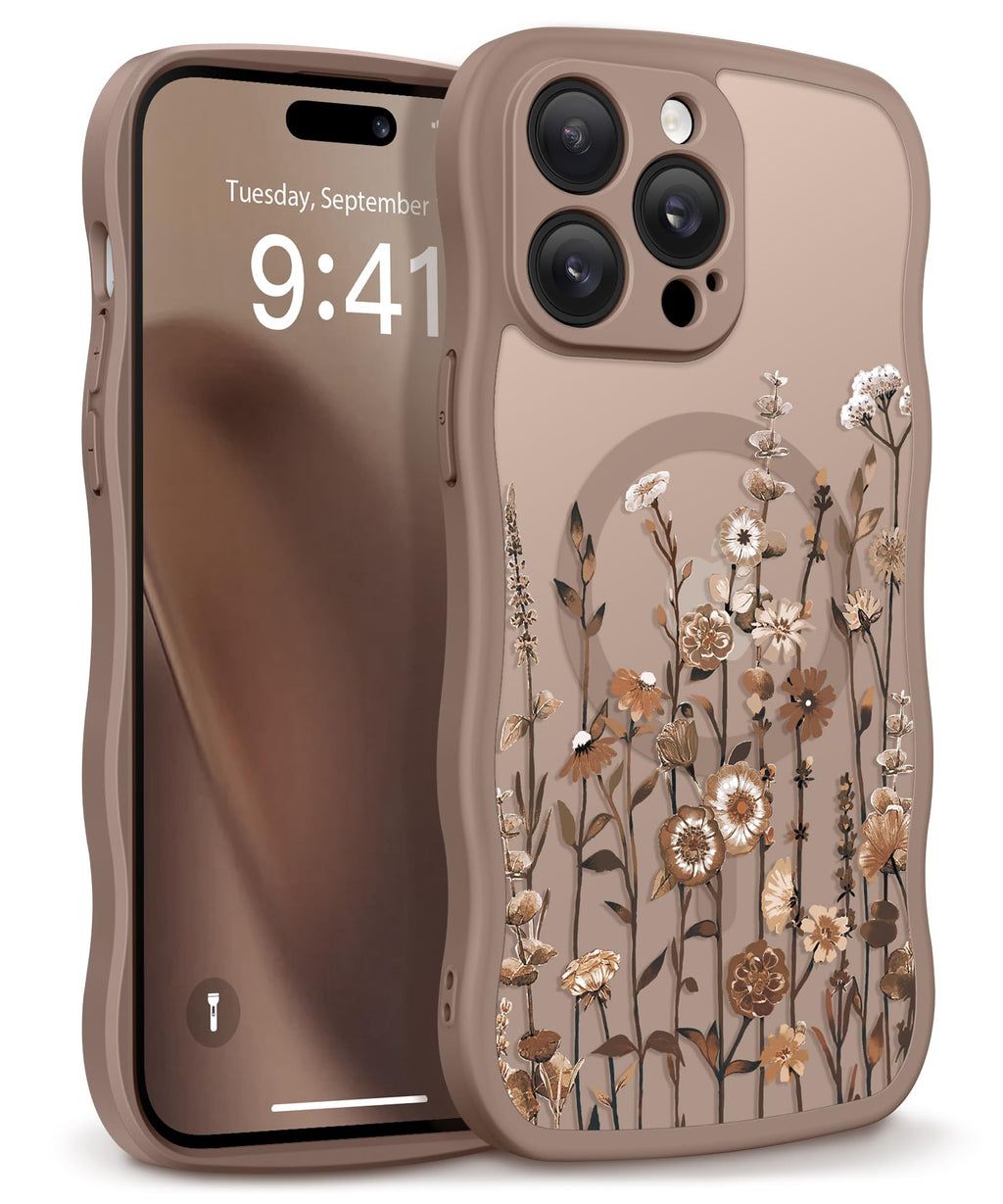 GVIEWIN for iPhone 17 Pro Case Compatible with MagSafe [Curly Wave Edge][Full Camera Protection] Floral Translucent Shockproof Magnetic Women Phone Case for iPhone 17 Pro 6.3'', Floratopia/Brown