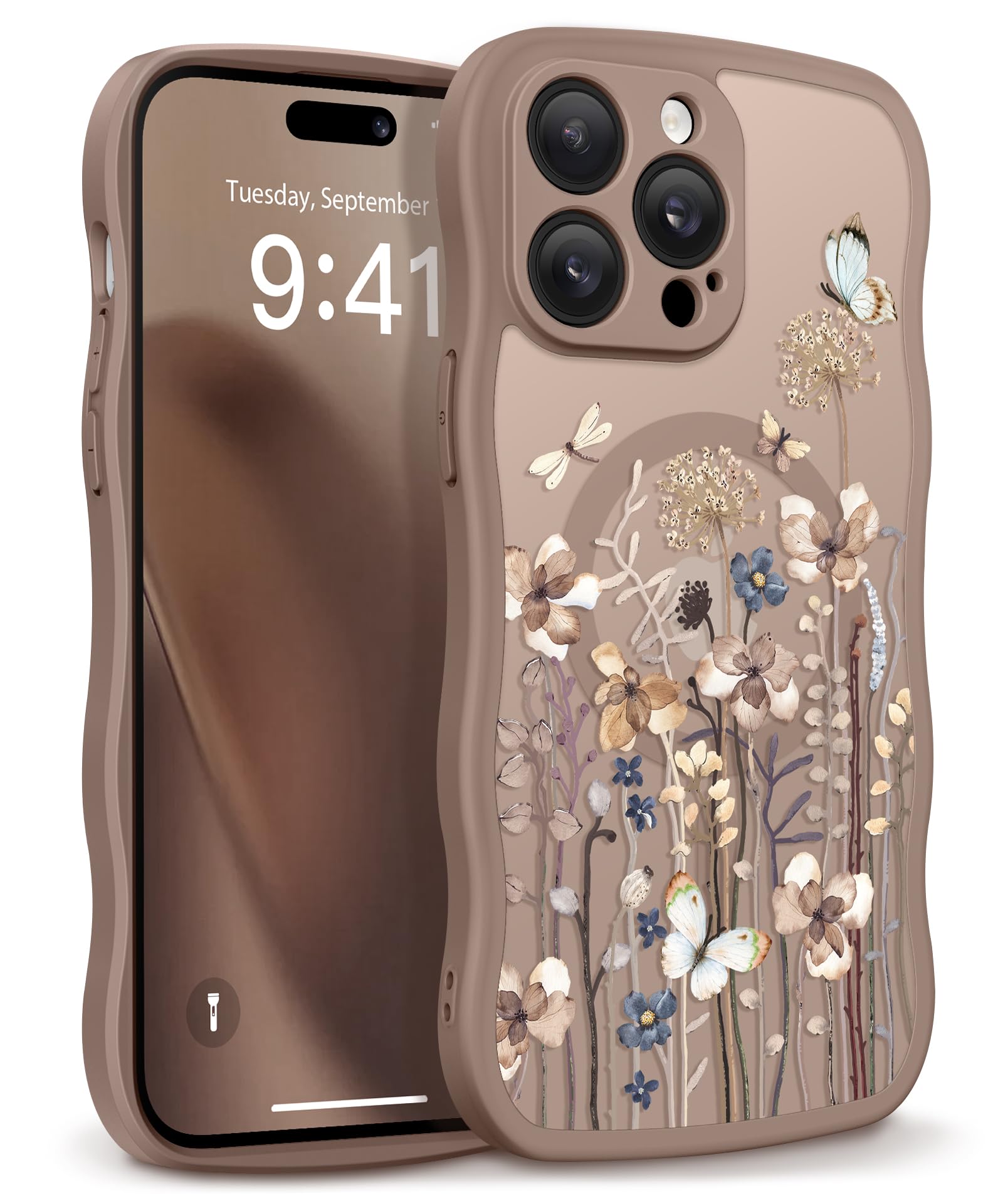 GVIEWIN for iPhone 17 Pro Case Compatible with MagSafe [Curly Wave Edge][Full Camera Protection] Floral Translucent Shockproof Magnetic Women Phone Case for iPhone 17 Pro 6.3'', Floratopia/Brown