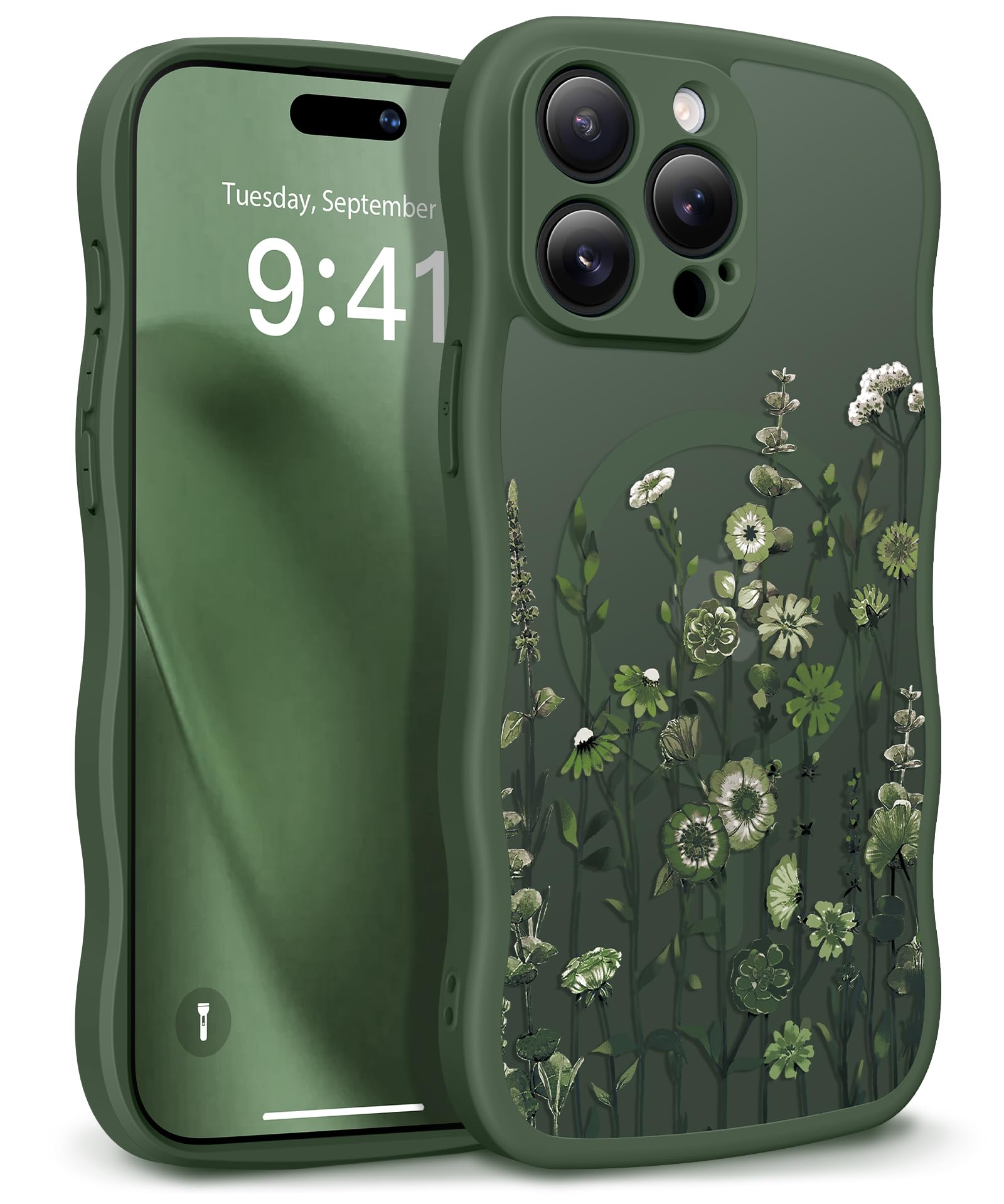 GVIEWIN for iPhone 17 Pro Case Compatible with MagSafe [Curly Wave Edge][Full Camera Protection] Floral Translucent Shockproof Magnetic Women Phone Case for iPhone 17 Pro 6.3'', Floratopia/Brown