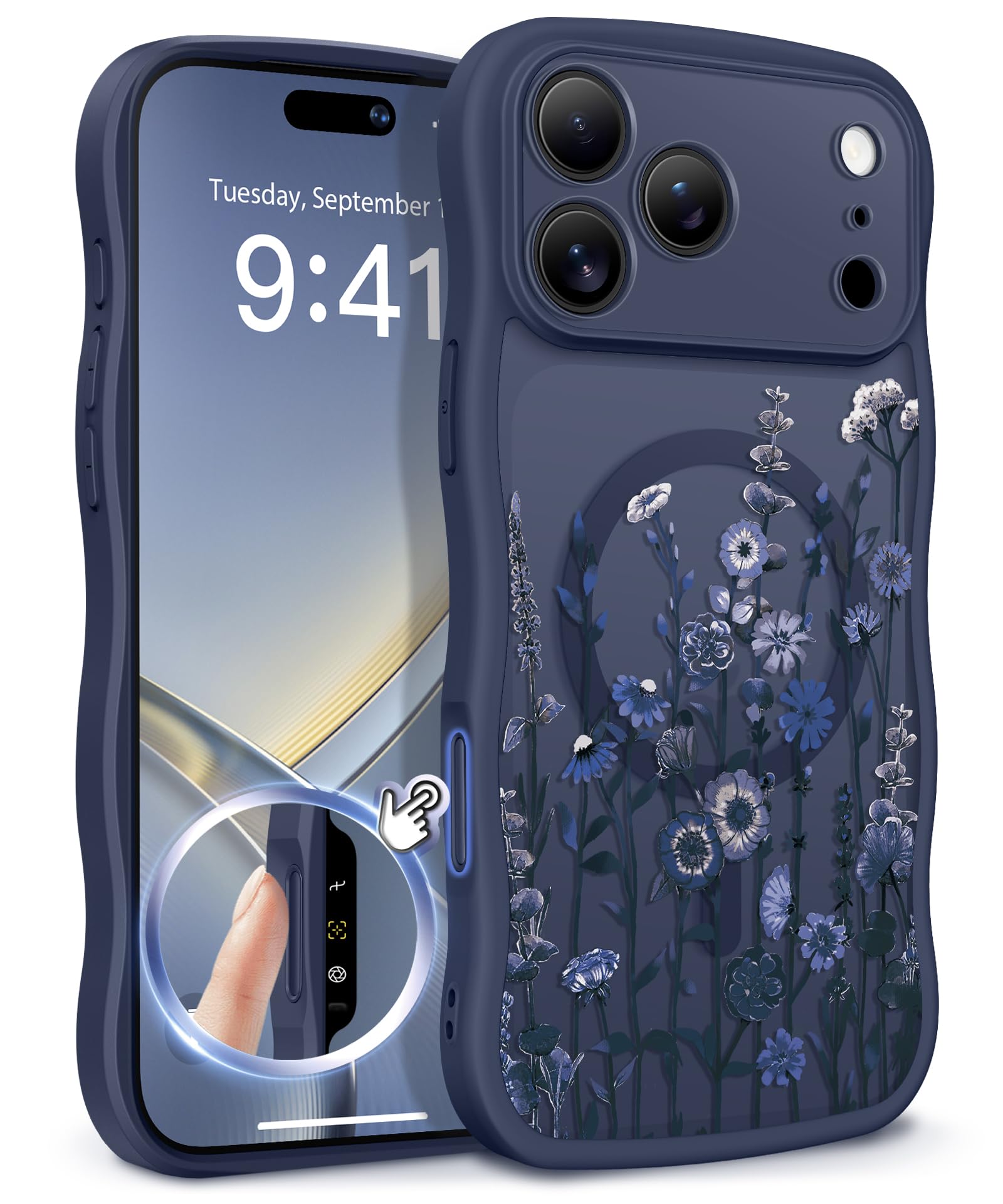 GVIEWIN for iPhone 17 Pro Case Compatible with MagSafe [Curly Wave Edge][Full Camera Protection] Floral Translucent Shockproof Magnetic Women Phone Case for iPhone 17 Pro 6.3'', Floratopia/Brown